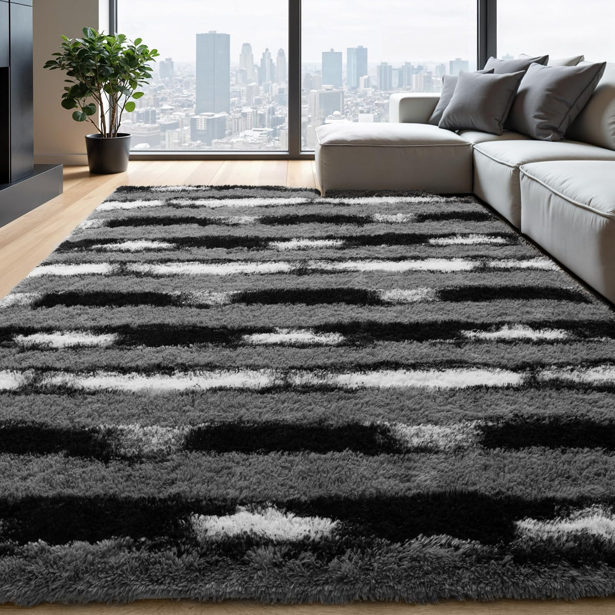 Zentavio 2x6 Runner Rugs for Hallway Shag Soft Bedroom Bedside Rugs Non Slip Fluffy Carpet for Kids Girls Boys Home Decor Aesthetic Dorm Nursery Tie-Dyed Black Grey