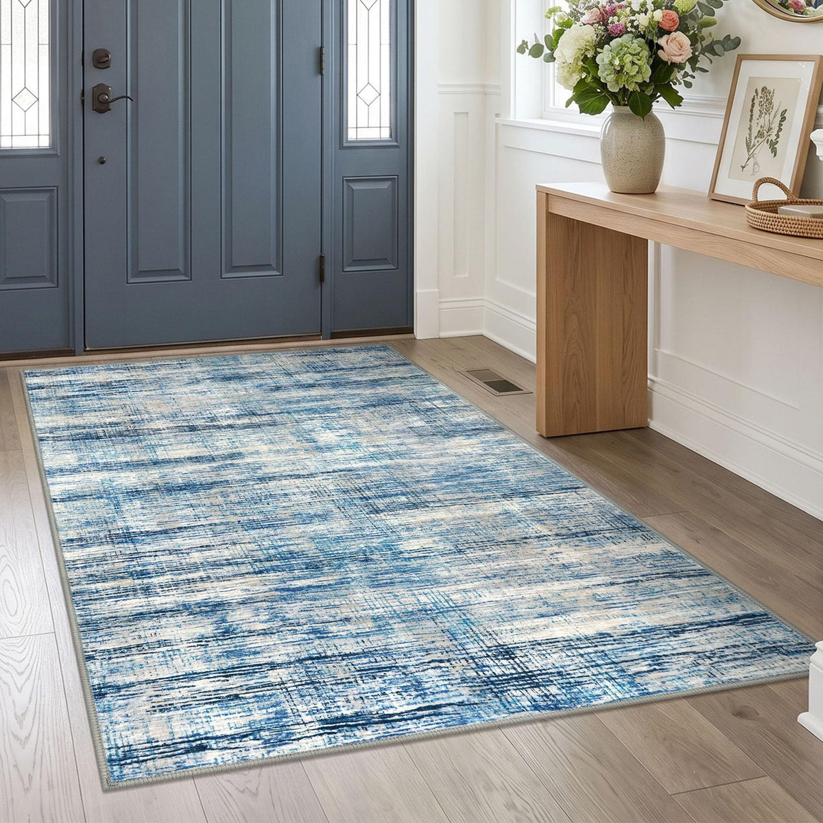 KOZYFLY Abstract Rugs for Entryway 2x3 Washable Small Area Rug Grey-Blue