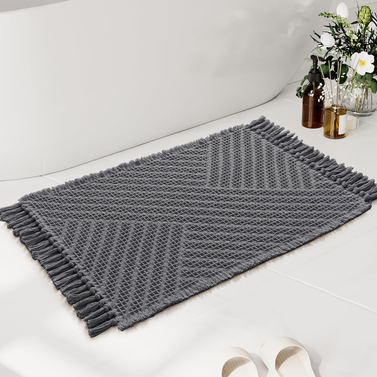H.VERSAILTEX Waffle Bath Mat Super Absorbent Boho Bath Mat Non Slip Bath Rugs for Bathroom Floor Machine Washable Dry Fast Bathroom Rugs with Tassels, 24" x 36", Ivory White