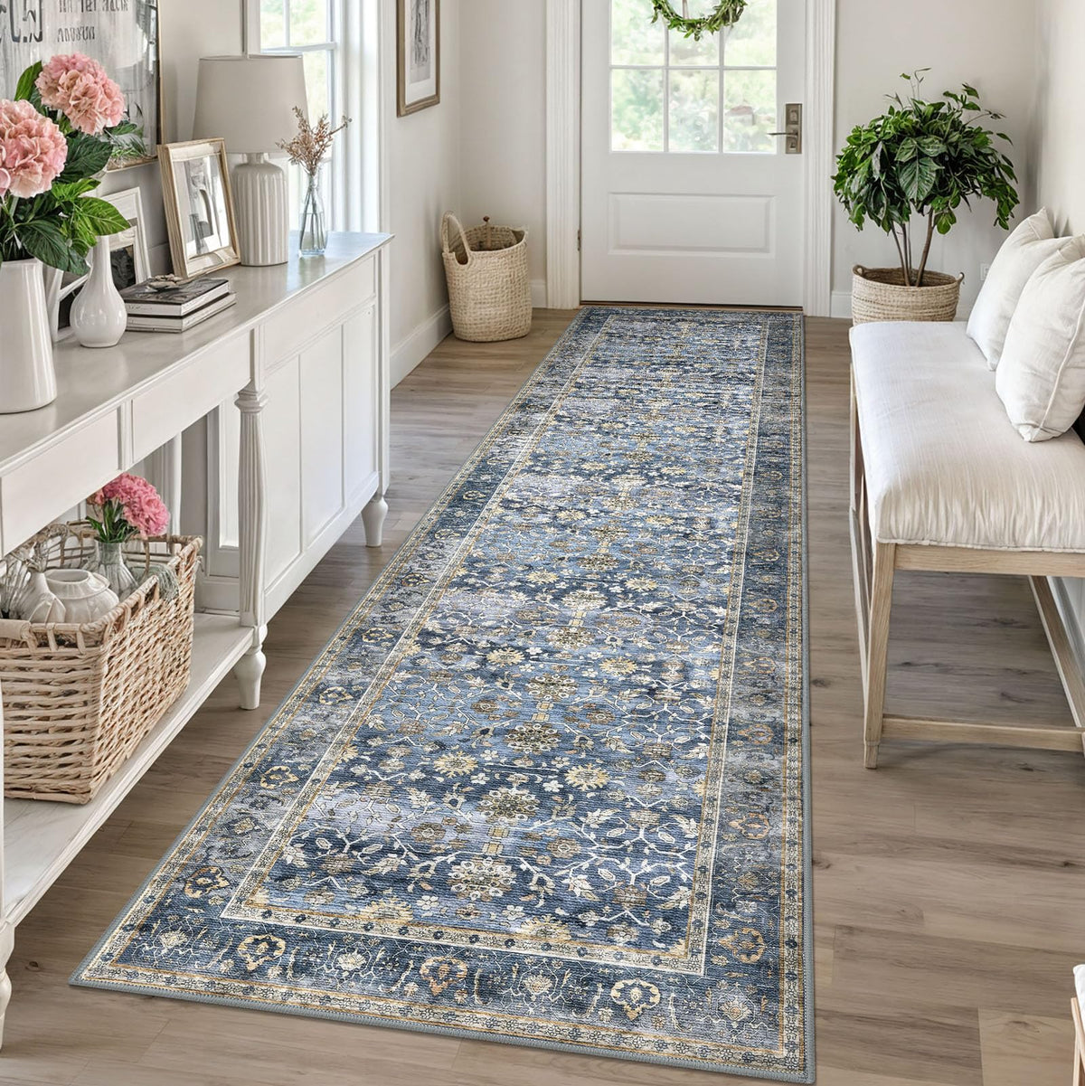KUTA Vintage Floral Washable 2x3 Rugs for Entryway Blue Grey Beige
