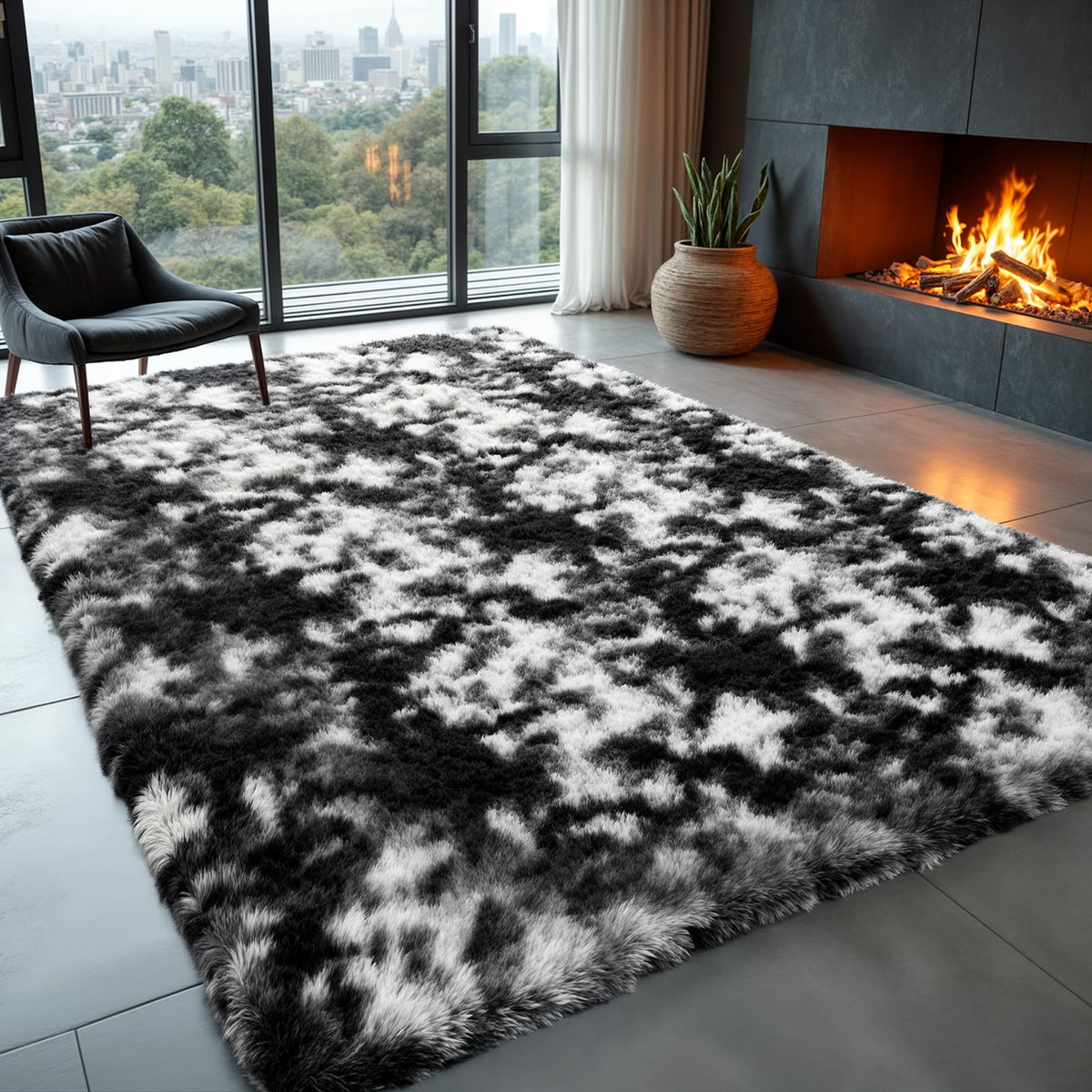 Zentavio 2x6 Runner Rugs for Hallway Shag Soft Bedroom Bedside Rugs Non Slip Fluffy Carpet for Kids Girls Boys Home Decor Aesthetic Dorm Nursery Tie-Dyed Black Grey