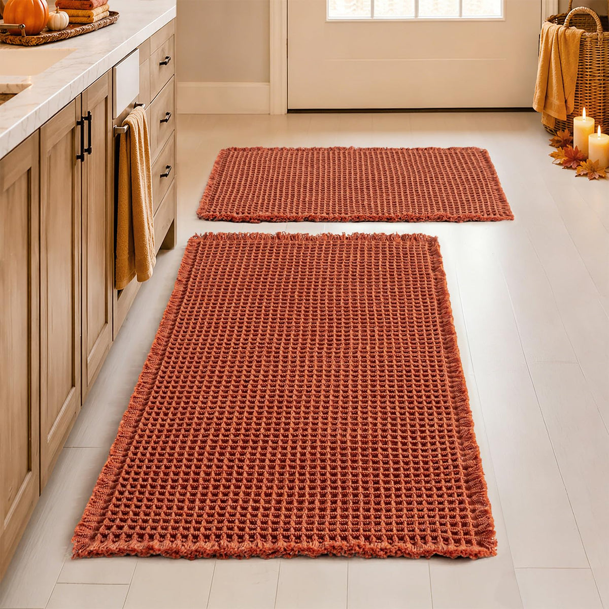 MIULEE Set of 2 Waffle Bathroom Rugs Boho Bath Mat Brown 18x30 Inch