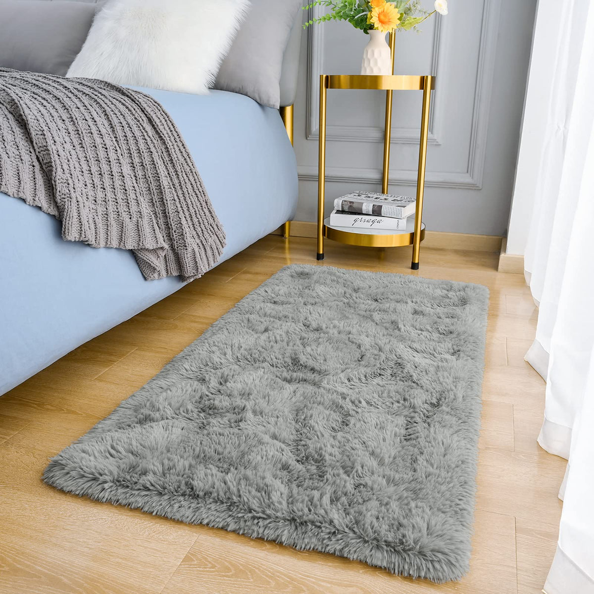 Amearea Shag Fluffy Small Rug, 2x4 Throw Rugs for Bedroom Girls, Black