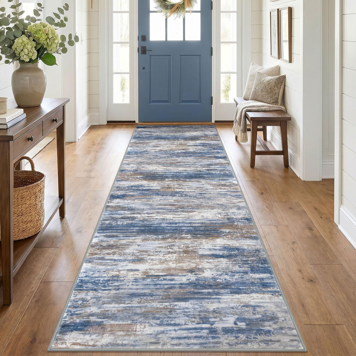 KOZYFLY Abstract Entryway Rug 2x3 Washable Door Mat Indoor Blue Beige