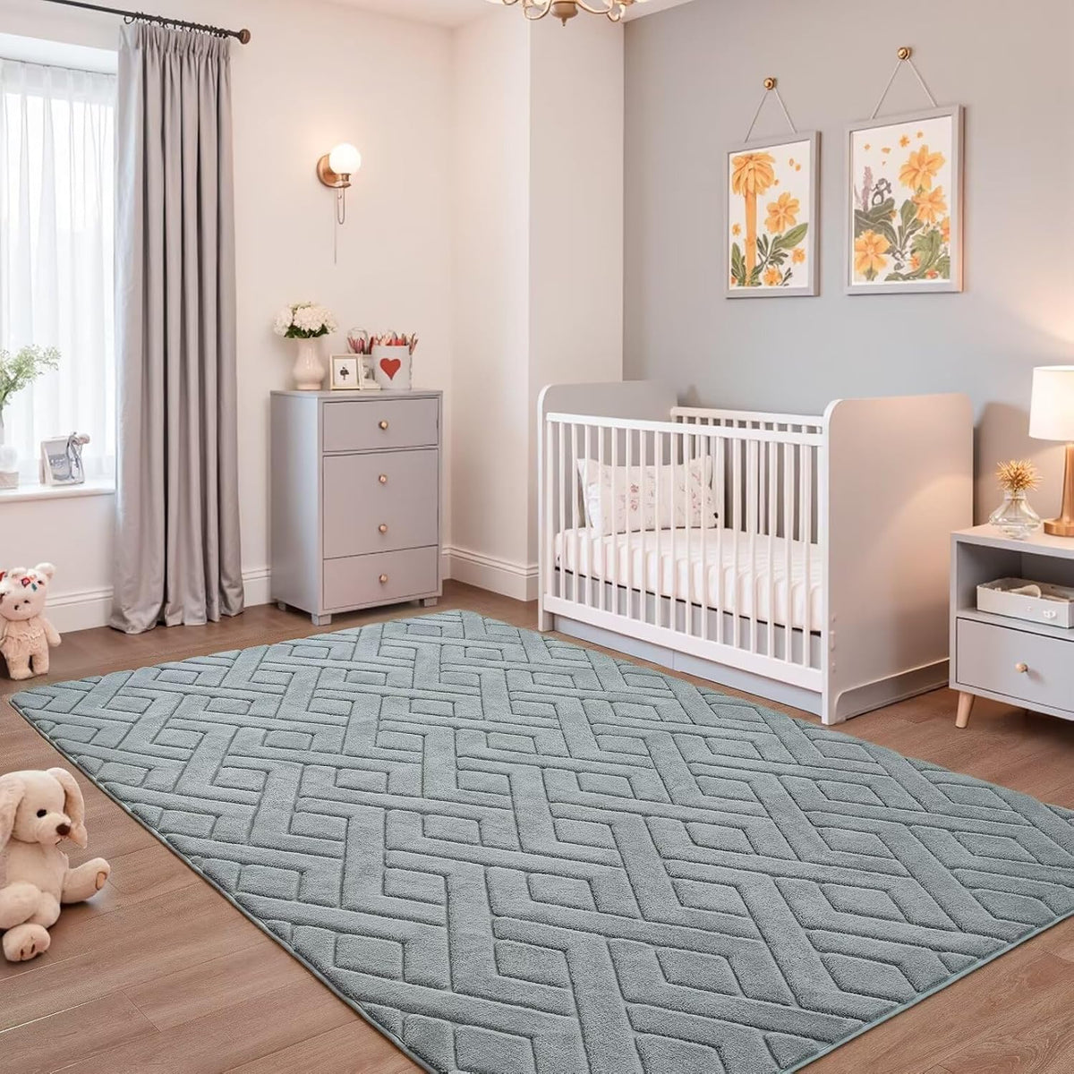 Grey Fluffy Area Rug for Bedroom, 3x5 Geometric Shag Rugs