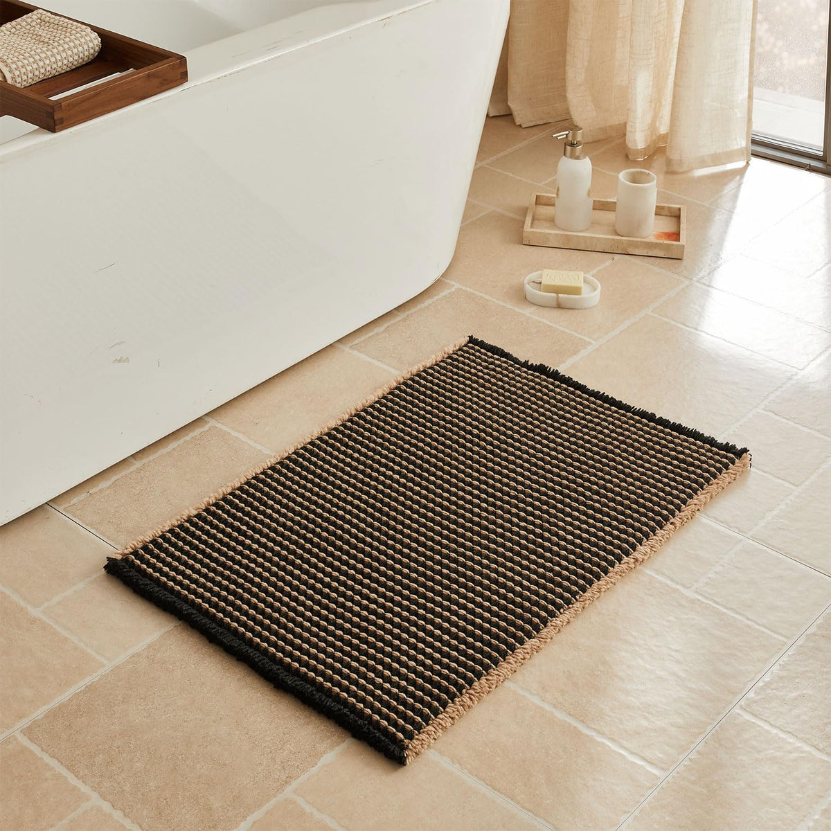 Triohero Waffle Bath Mat, Small Boho Bathroom Rugs Non Slip, 16x24 Khaki