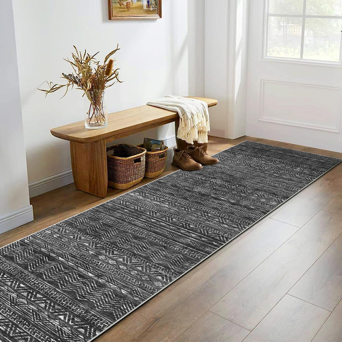 2x5 Runner Rug Washable Moroccan: Non Slip Kitchen Long Floor Mat Beige