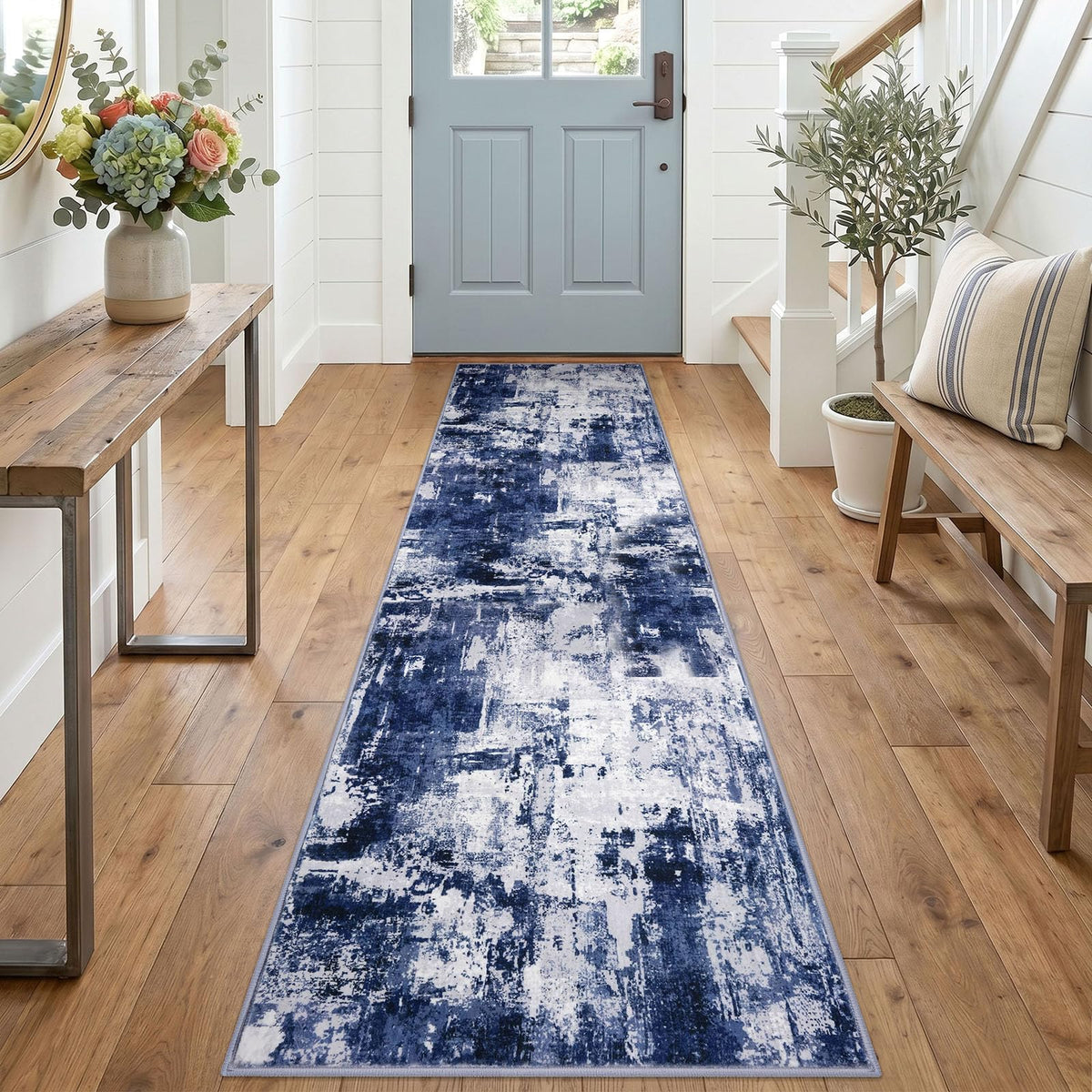 KOZYFLY Abstract Rugs for Entryway 2x3 Washable Small Area Rug Grey-Blue