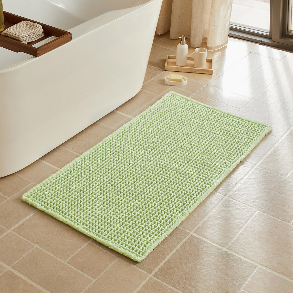 Triohero Waffle Bath Mat, Small Boho Bathroom Rugs Non Slip, 16x24 Khaki