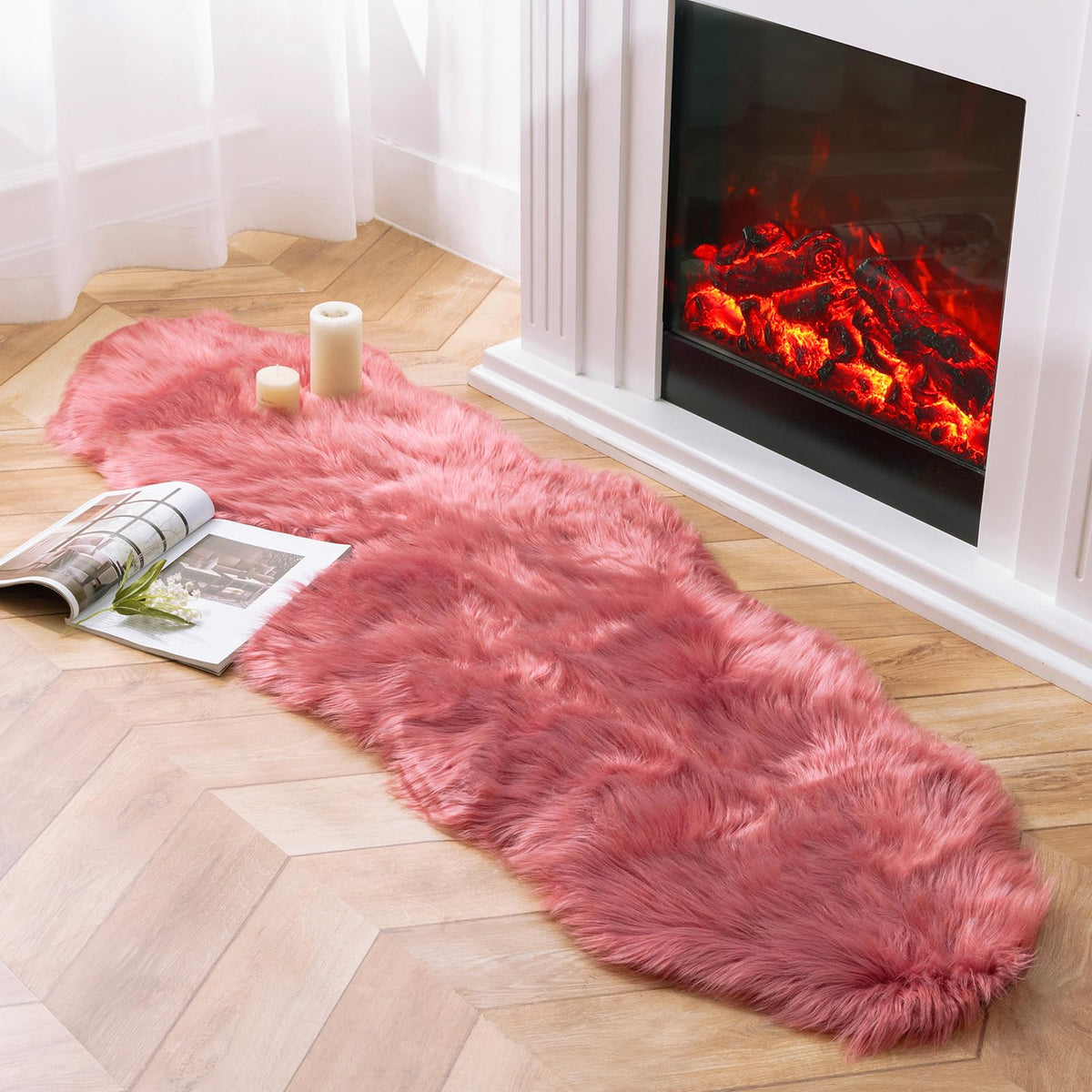 Ashler Faux Fur Rug, White, 2x3 Ft, Machine Washable