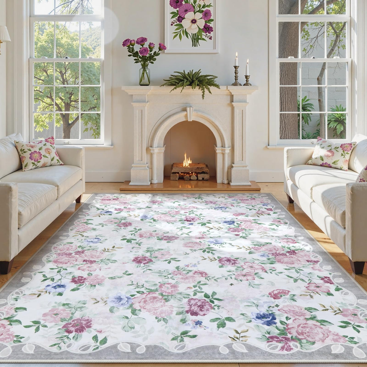 Lahome Floral Pink Bathroom Rug Runners for Hallways Non Slip 2x6