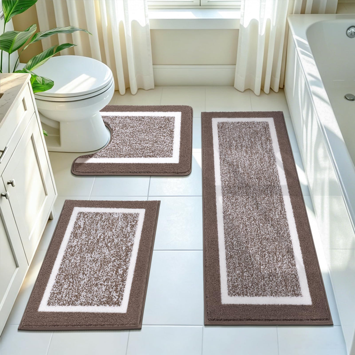 Pauwer Bathroom Rugs 3 Piece Set, Non Slip Washable Bath Mat, Dark Grey