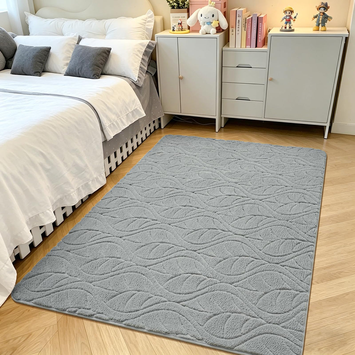 Grey Fluffy Area Rug for Bedroom, 3x5 Geometric Shag Rugs