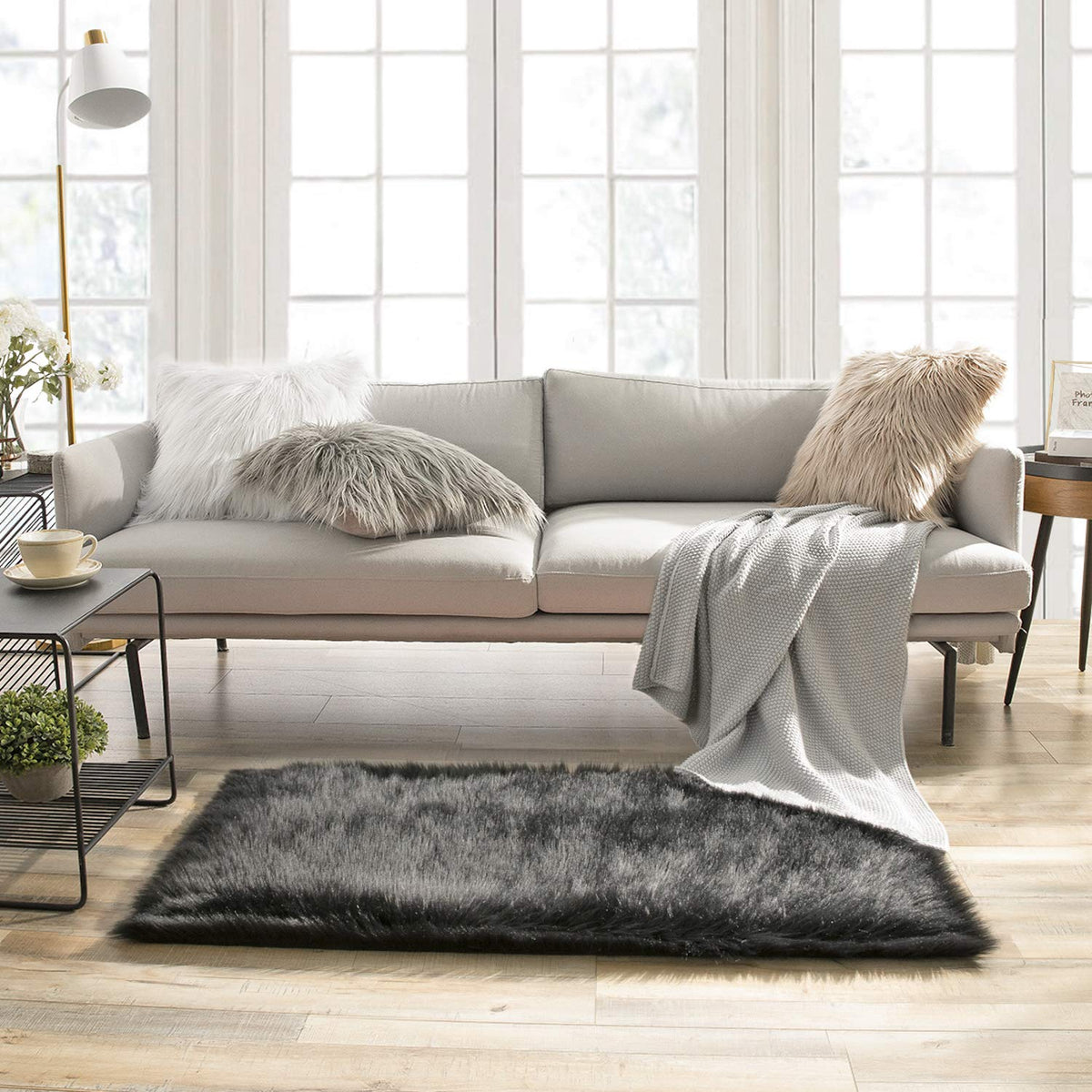 Ashler Faux Fur Rug, White, 2x3 Ft, Machine Washable