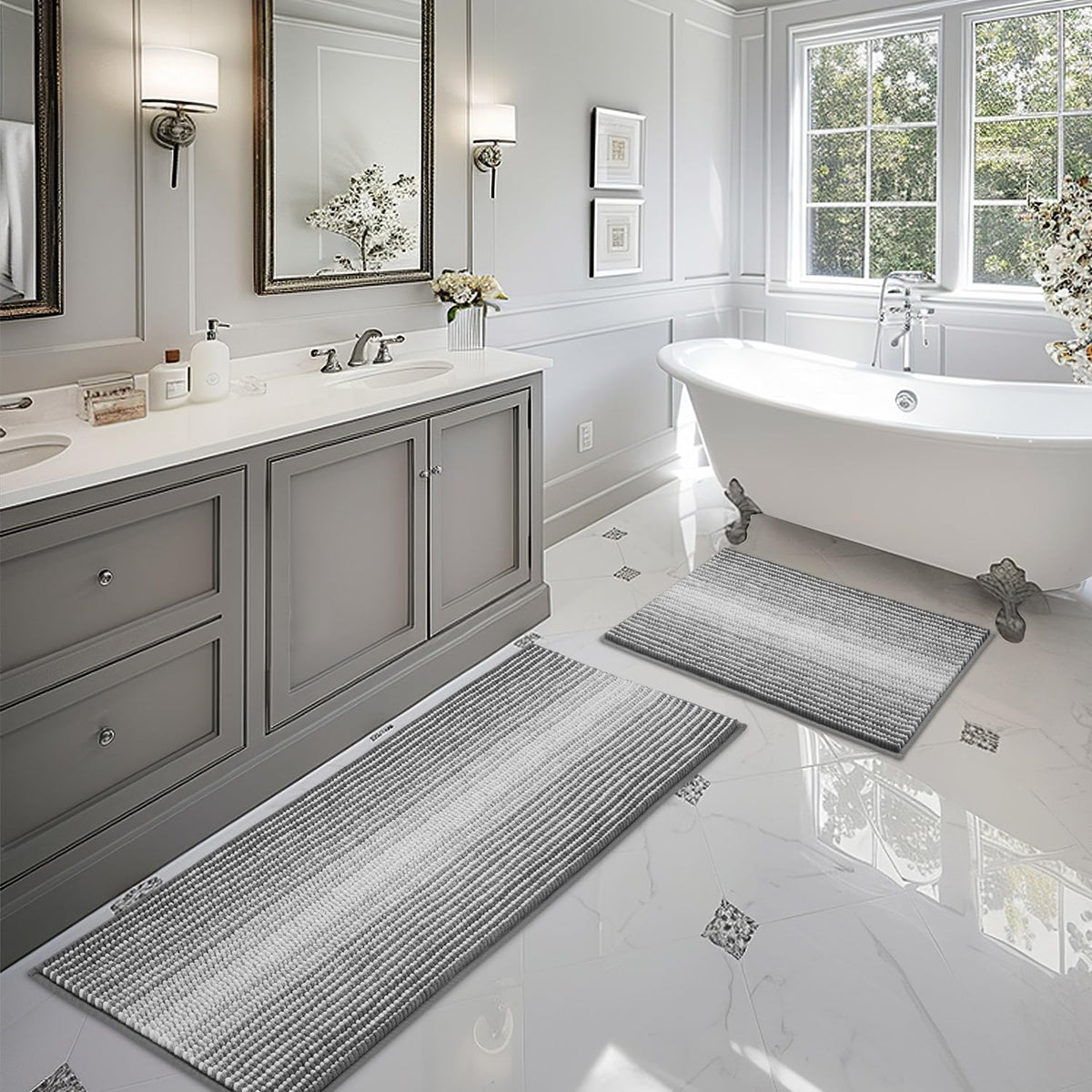 BSICPRO Bathroom Rugs Sets 2 Piece, Non Slip Striped Bath Mats, Sage
