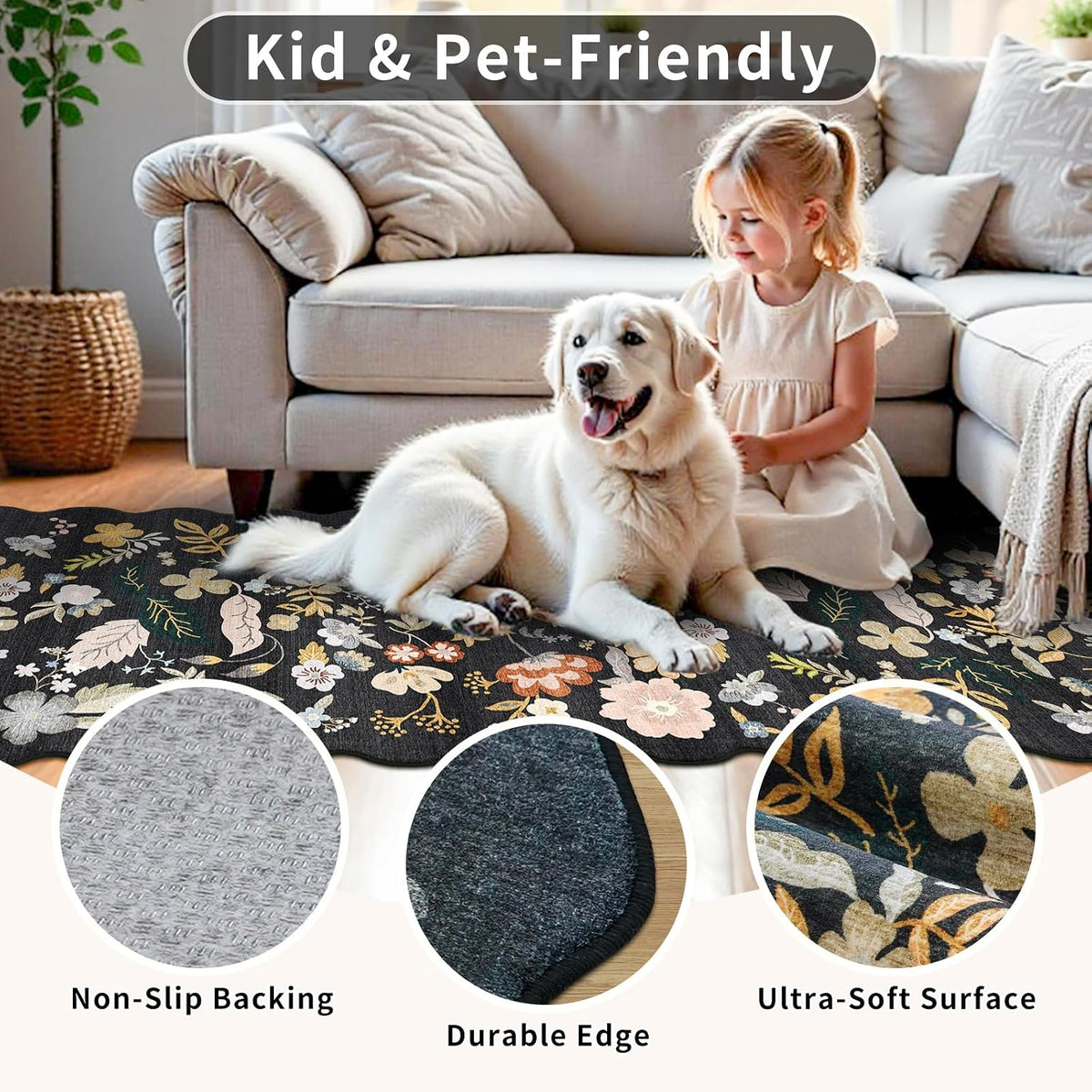 2x4 Rug Washable for Entryway - Non-Slip Scalloped Floral Throw Rug Black