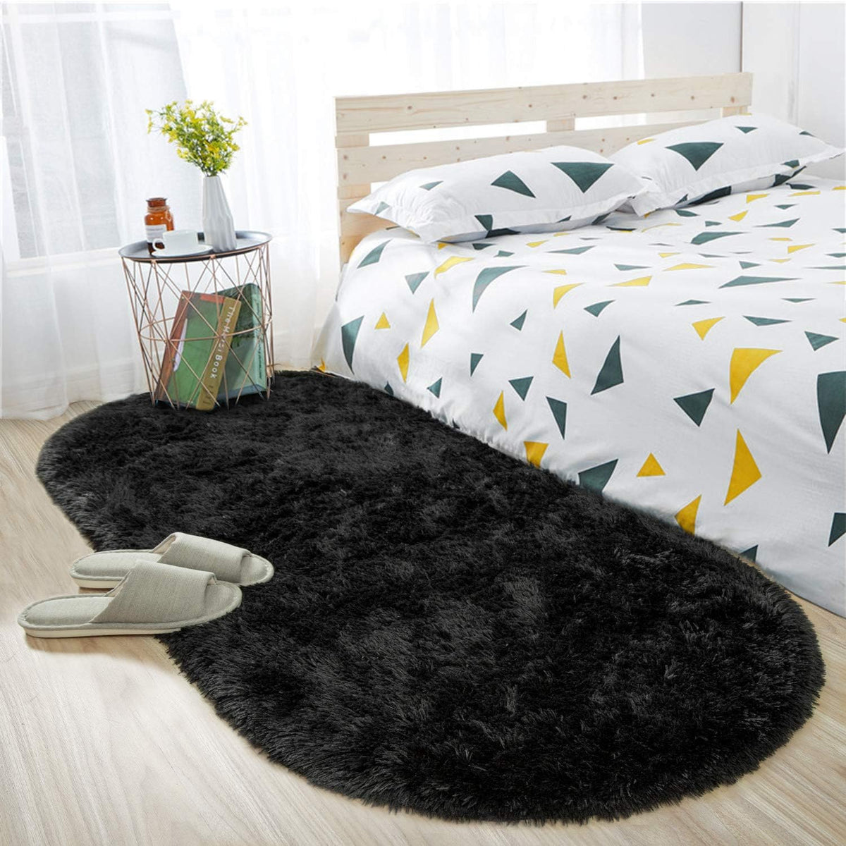 ISEAU Oval Fluffy Rug Carpets for Kids Bedroom,2.6x5.4ft,Black