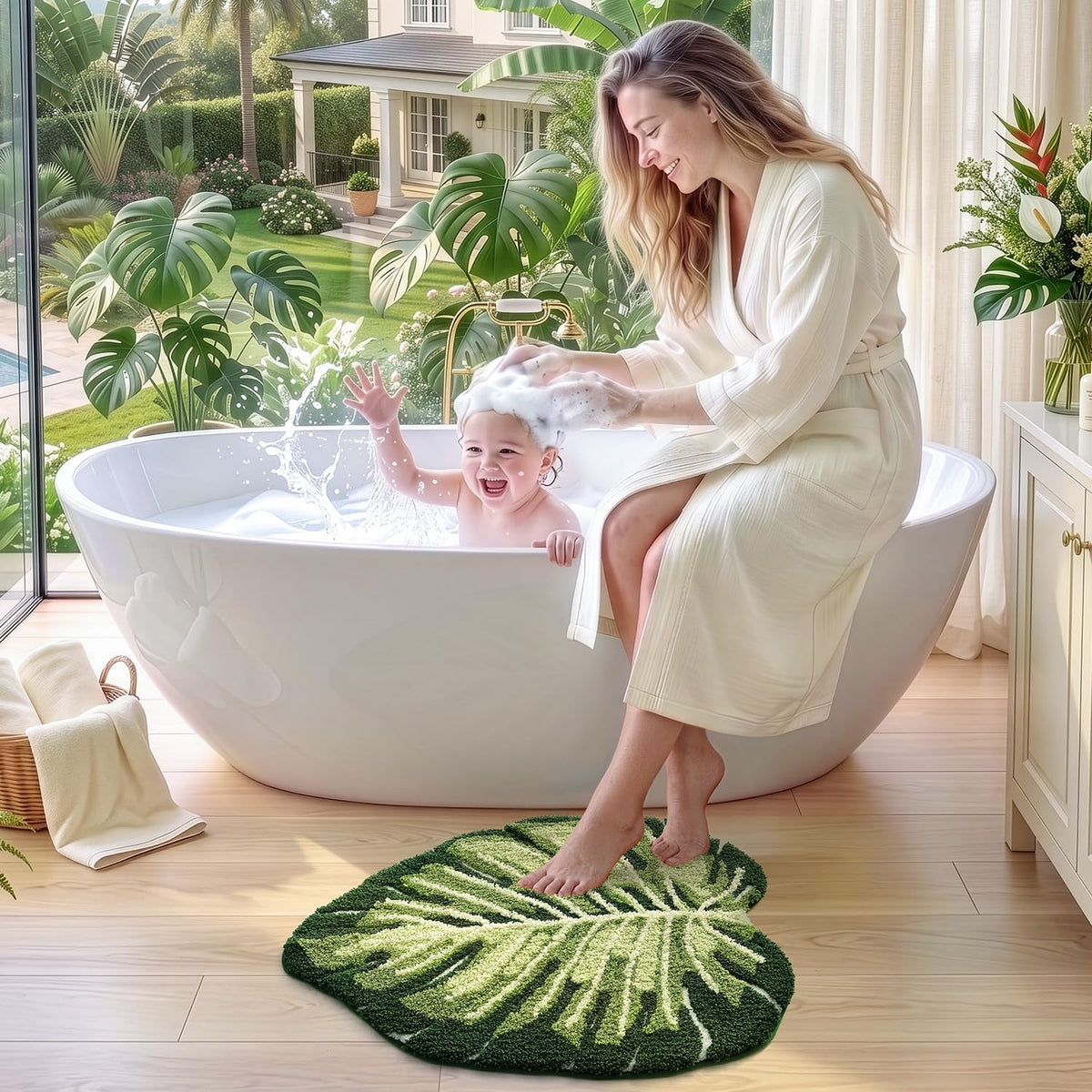 LUMI Bathroom Rug Green Leaf, Absorbent Non Slip Bath Mat, 23.5"x31.5"