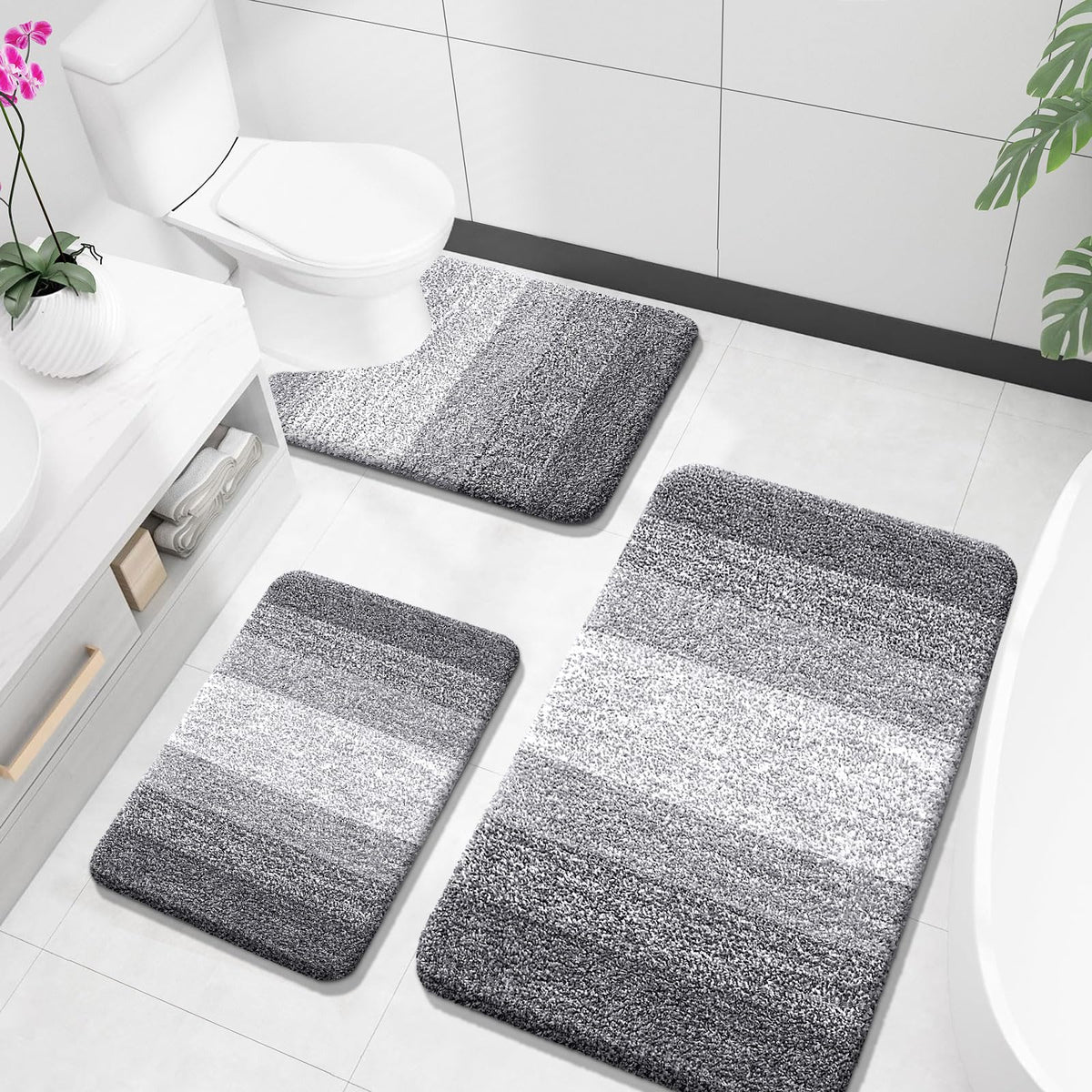 OLANLY Microfiber Bathroom Rugs Sets 3 Piece, Absorbent Bath Mats, Grey