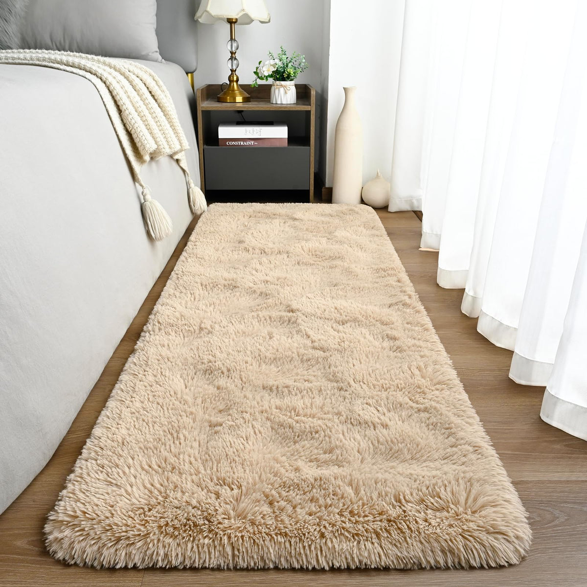 Goideal Fluffy Runner Rug for Bedroom Living Room, 2x6 Olive Green Bedside Rugs, Faux Fur Shag Modern Carpet Ultra Soft Girls Boys Room Home Decor, Solid