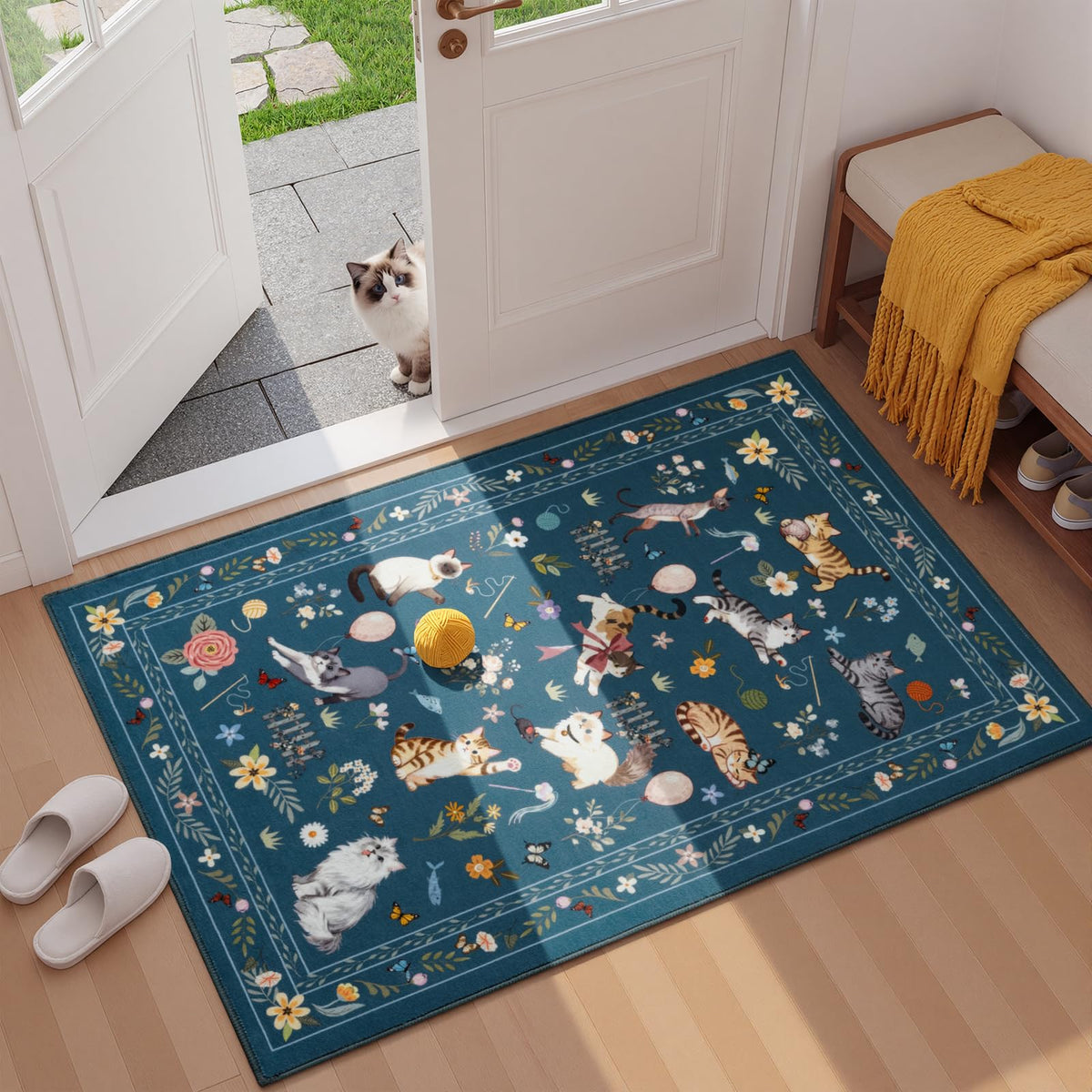 Unirea 2x3 Black Cute Cat Area Rug for Kitchen Entryway, Washable Door Mat