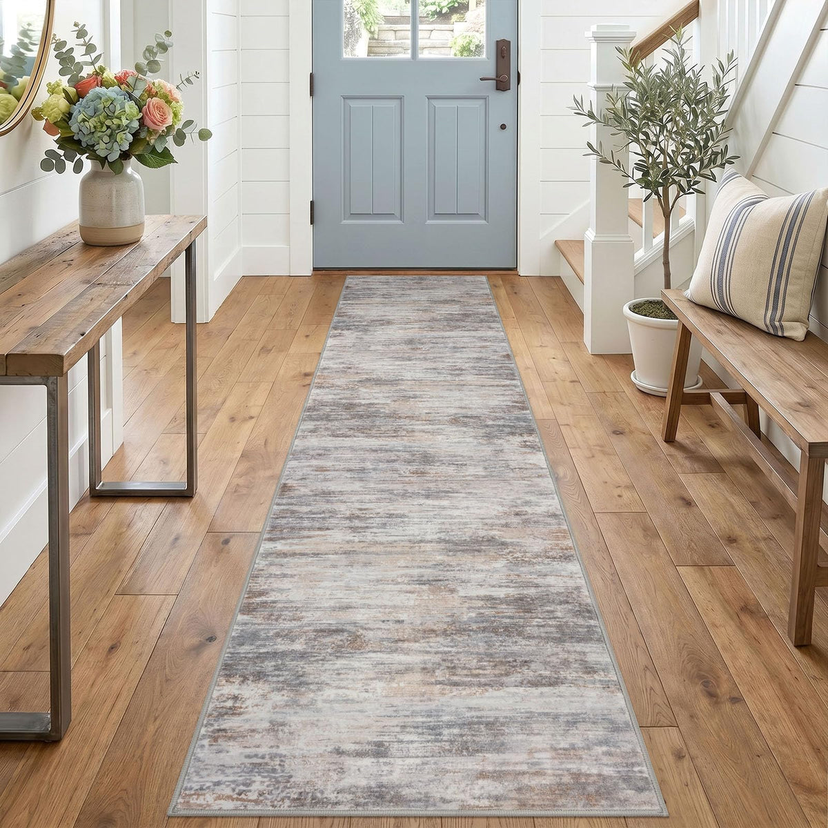 KOZYFLY Abstract Entryway Rug 2x3 Washable Door Mat Indoor Blue Beige