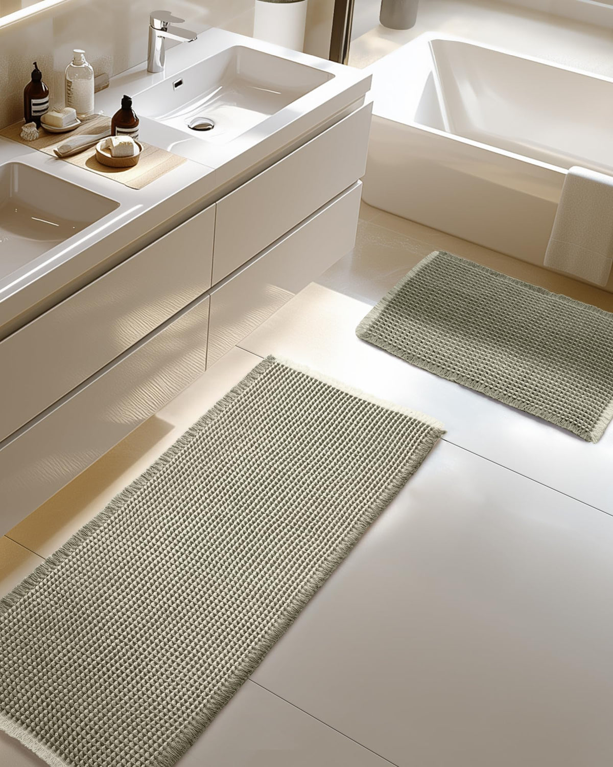 Furicher Large Waffle Bath Mat Set, Non Slip Bath Rug Set, Ultra Absorbent Bath Mats for Bathroom Decor, Extra Soft Floor Kitchen Rugs Sets 2 Piece, Washable Bath Runner Rug, Brown, 20"×47" & 16"×24"