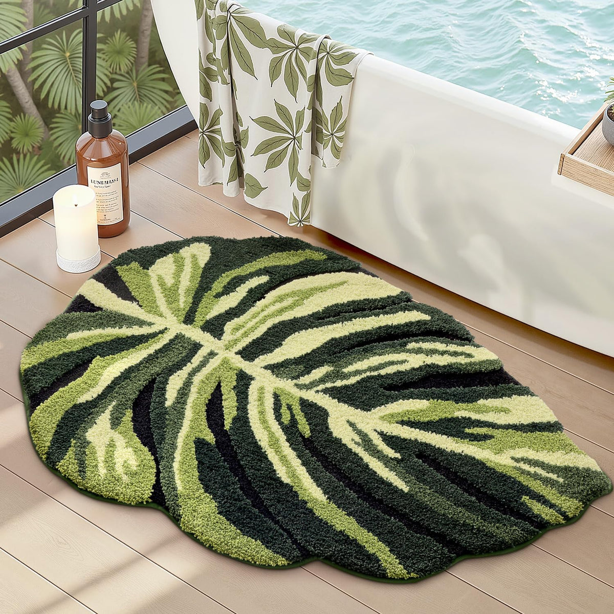 LUMI Bathroom Rug Green Leaf, Absorbent Non Slip Bath Mat, 23.5"x31.5"
