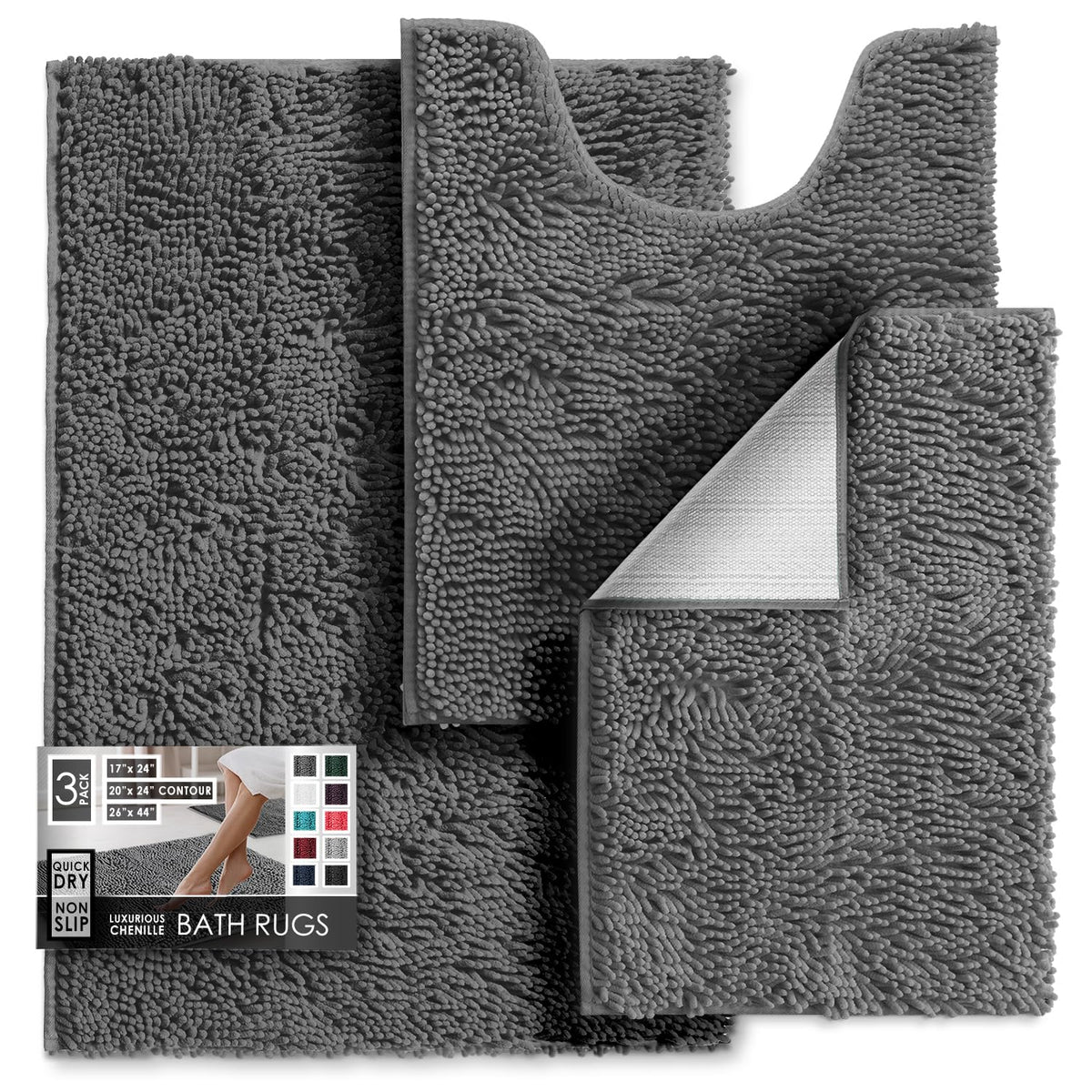 Hearth & Harbor Bathroom Rugs, Chenille Bath Mat - Machine Washable Bath Mats for Bathroom Non-Slip Backing Rubber, Quick Dry Bathroom Mat, 17 x 24 + 20 x 32 - Hunter Green