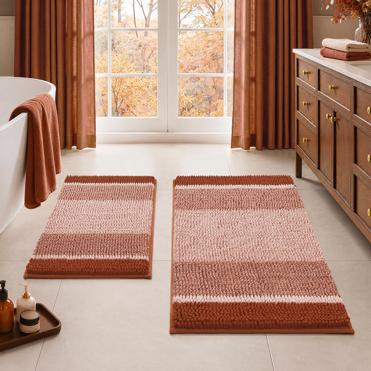 HOMEIDEAS Sage Green Bathroom Rugs Sets 2 Piece Chenille, 20"x32"+17"x24"