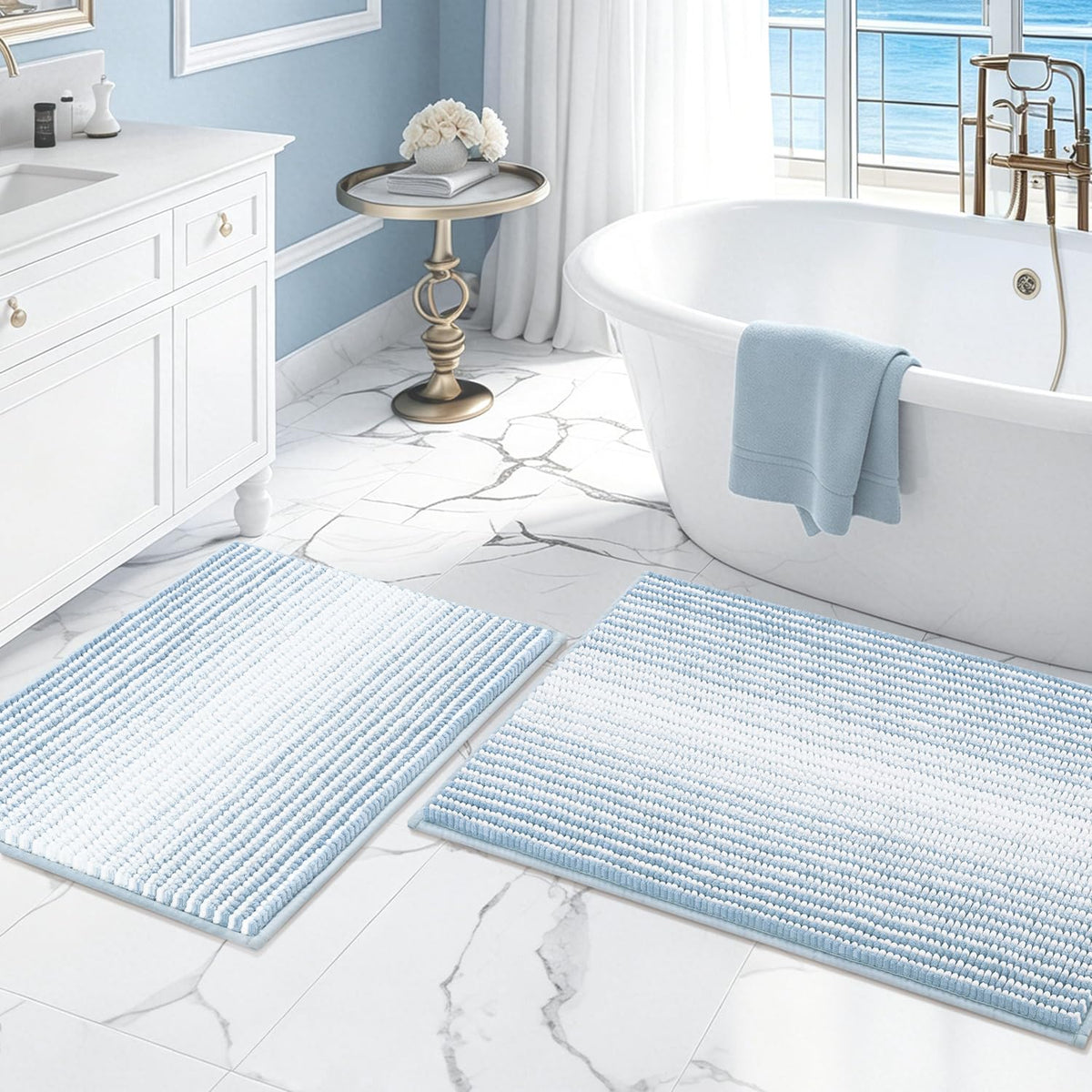 BSICPRO Bathroom Rugs Sets 2 Piece, Non Slip Striped Bath Mats, Sage