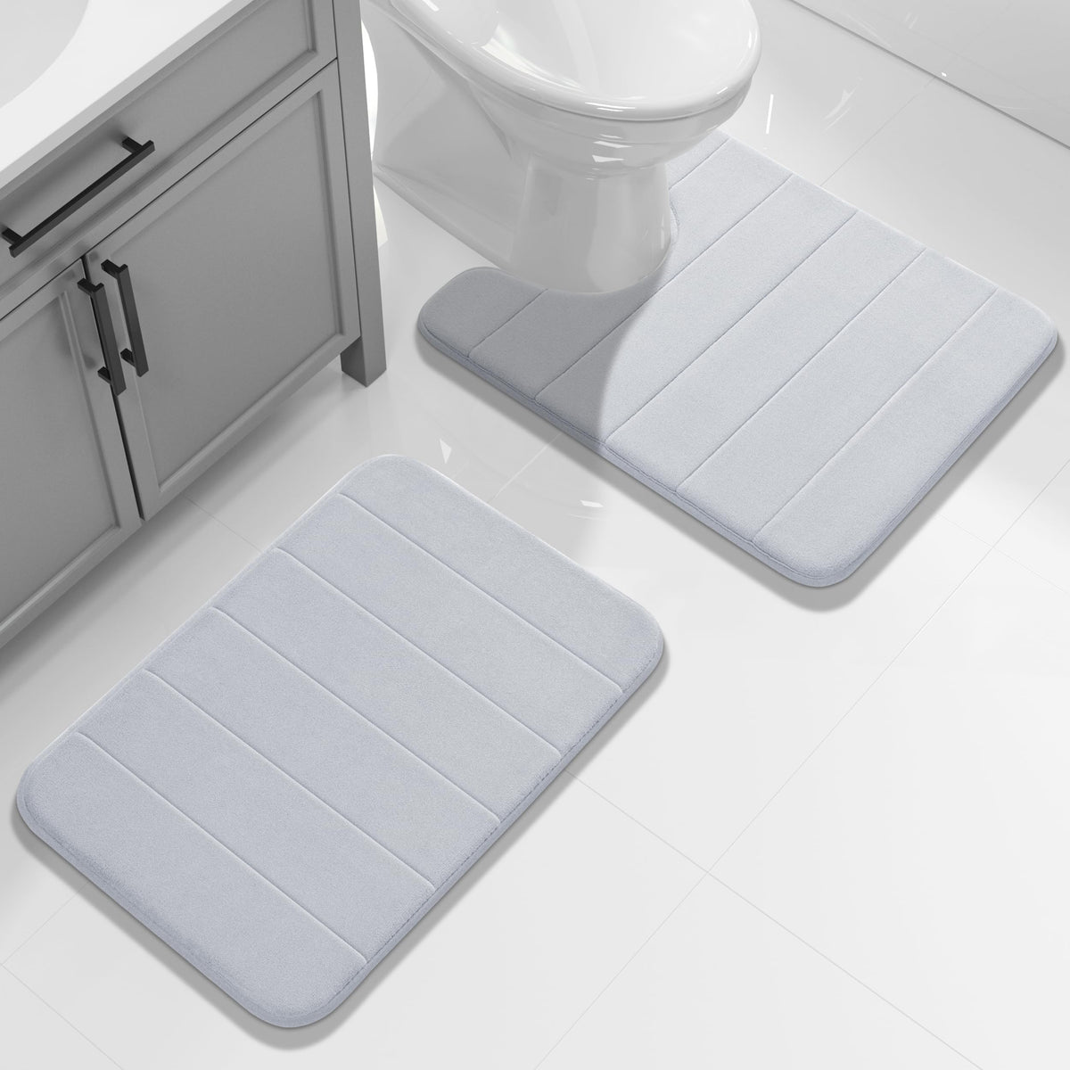 Yimobra Memory Foam Bathroom Rugs Sets 2 Piece - Super Soft Absorbent Quick Dry Bath Mat Set, Machine Washable Non Slip Floor Carpet for Tub Shower & Single Sink (17x24 & 31.5x20 Inch, Gray)
