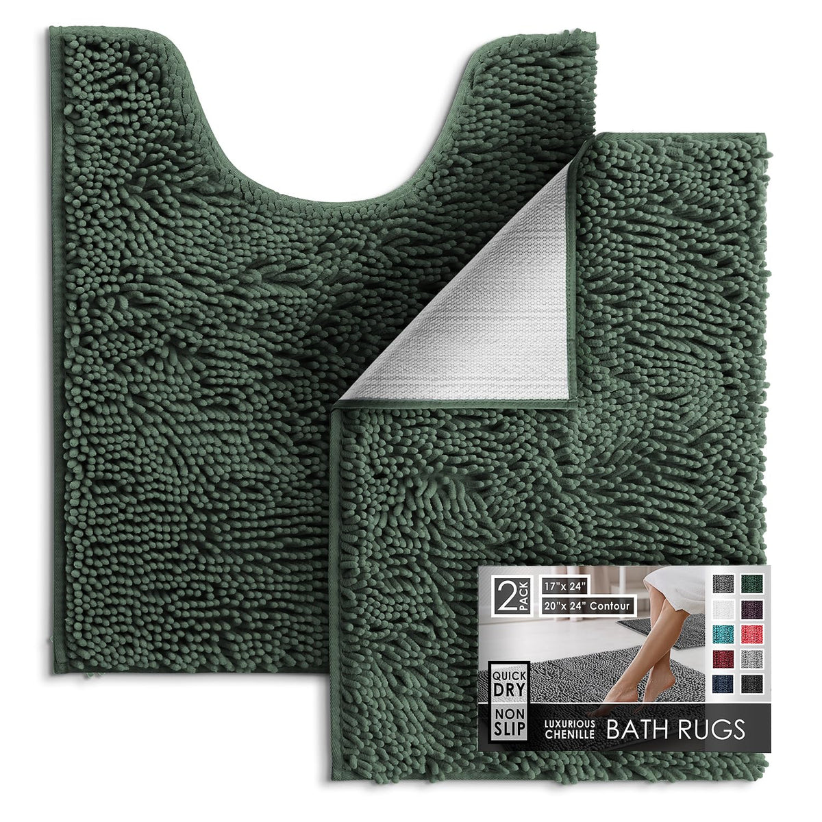 Hearth & Harbor Bathroom Rugs, Chenille Bath Mat - Machine Washable Bath Mats for Bathroom Non-Slip Backing Rubber, Quick Dry Bathroom Mat, 17 x 24 + 20 x 32 - Hunter Green