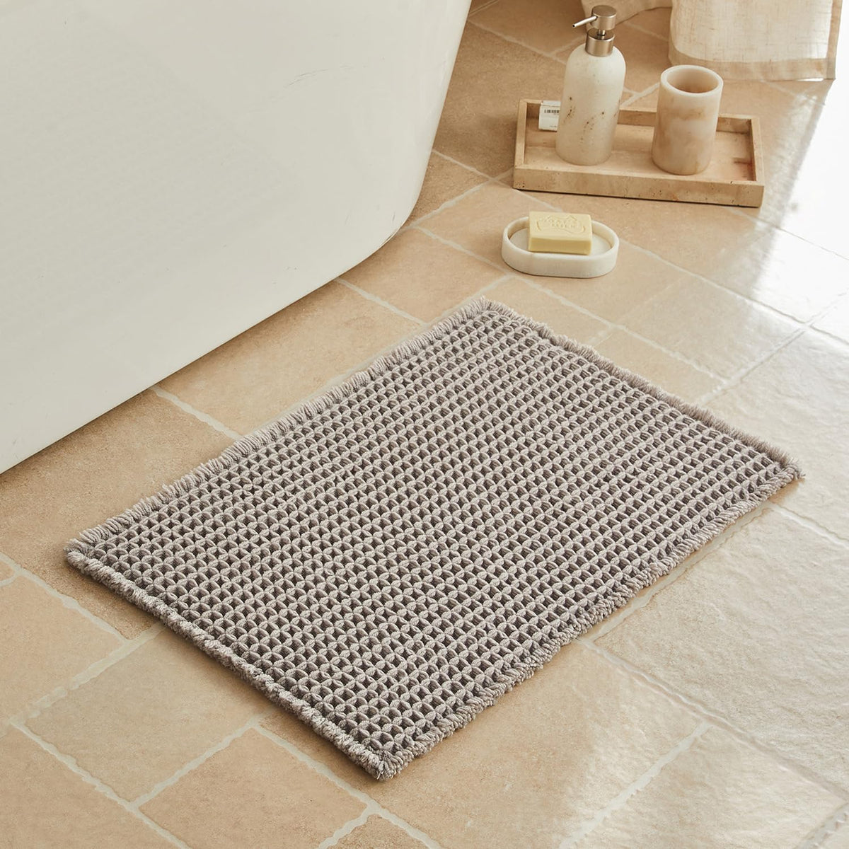 Triohero Waffle Bath Mat, Small Boho Bathroom Rugs Non Slip, 16x24 Khaki
