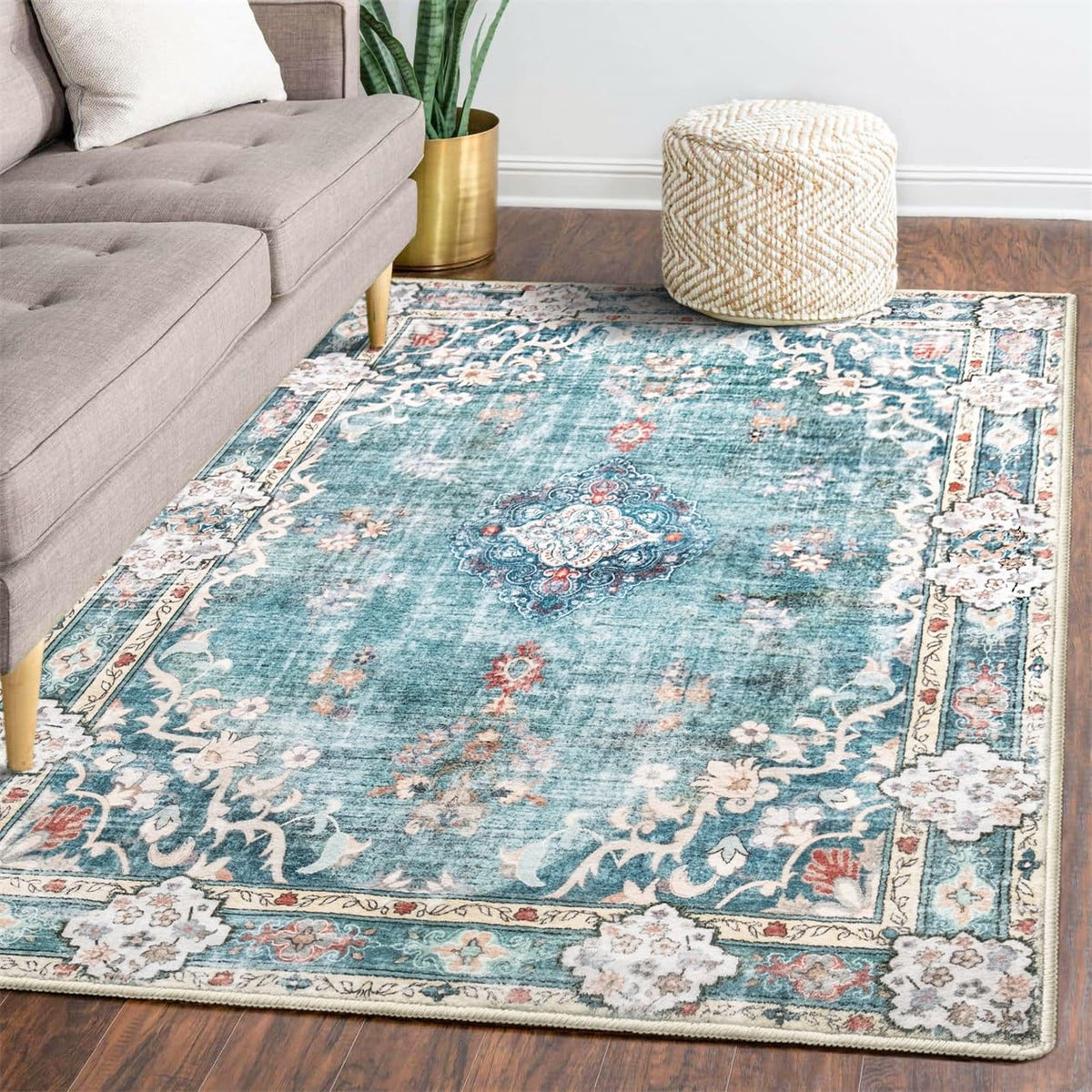 MUJOO Pink Rug 3x5 Washable,Boho Area Rugs Small Non Slip Low-Pile Floral