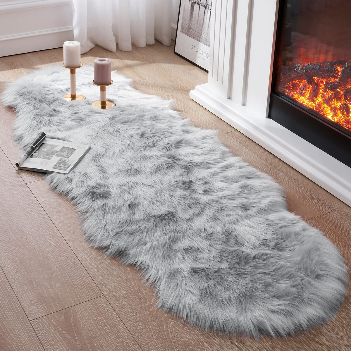 Tangsoo 2x6 Beige Faux Fur Rug,Soft Sheepskin Fluffy Runner Rug for Bedroom