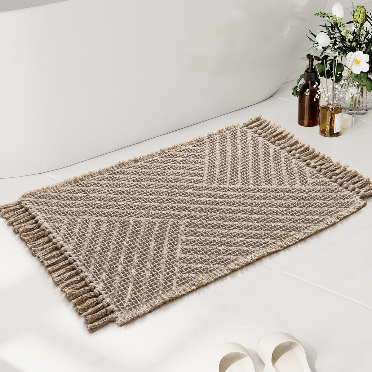 H.VERSAILTEX Waffle Bath Mat Super Absorbent Boho Bath Mat Non Slip Bath Rugs for Bathroom Floor Machine Washable Dry Fast Bathroom Rugs with Tassels, 24" x 36", Ivory White