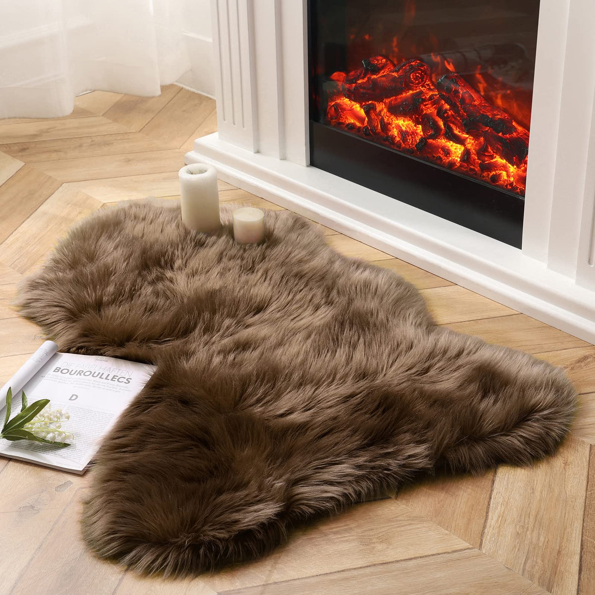 Ashler Faux Fur Rug, White, 2x3 Ft, Machine Washable