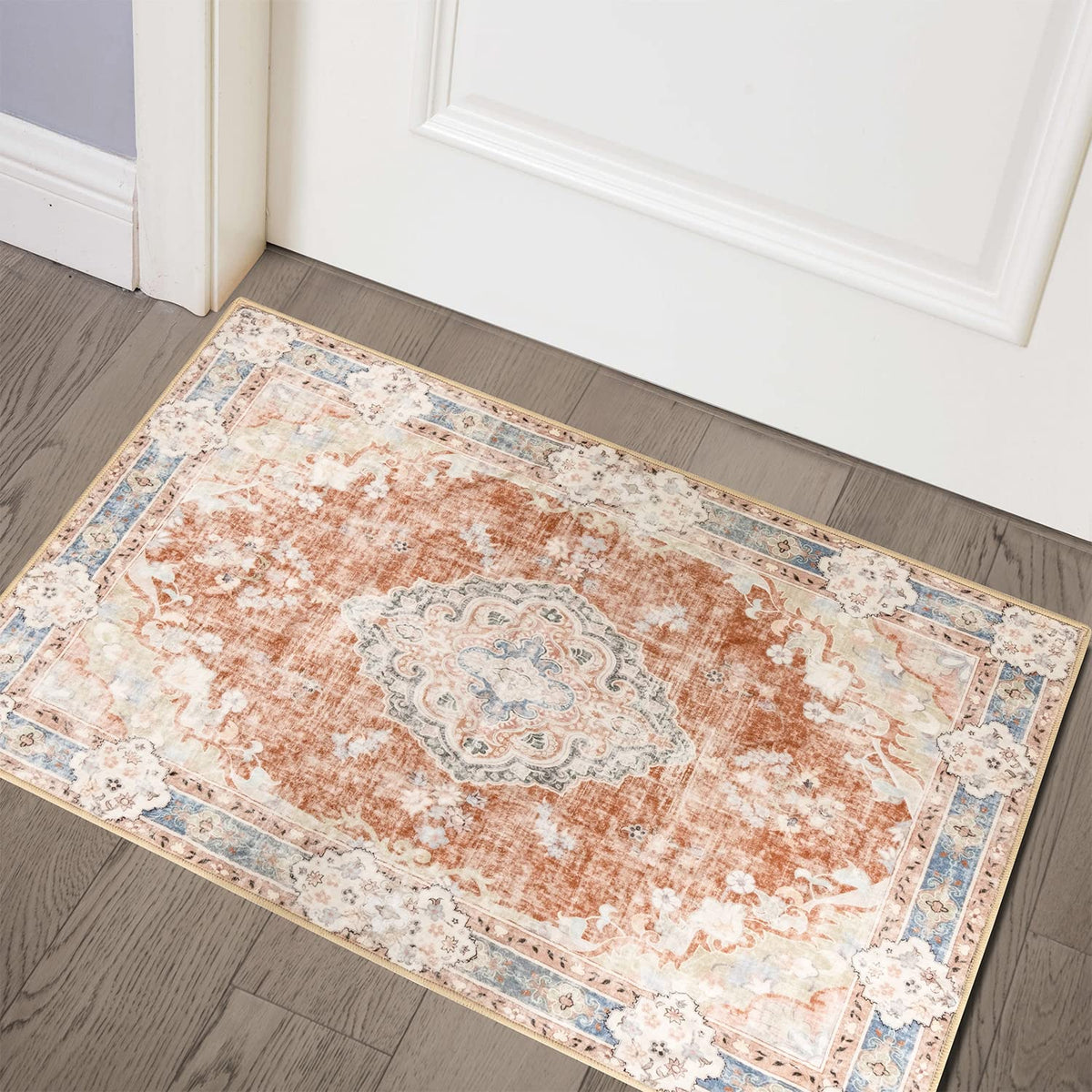 MUJOO Pink Rug 3x5 Washable,Boho Area Rugs Small Non Slip Low-Pile Floral