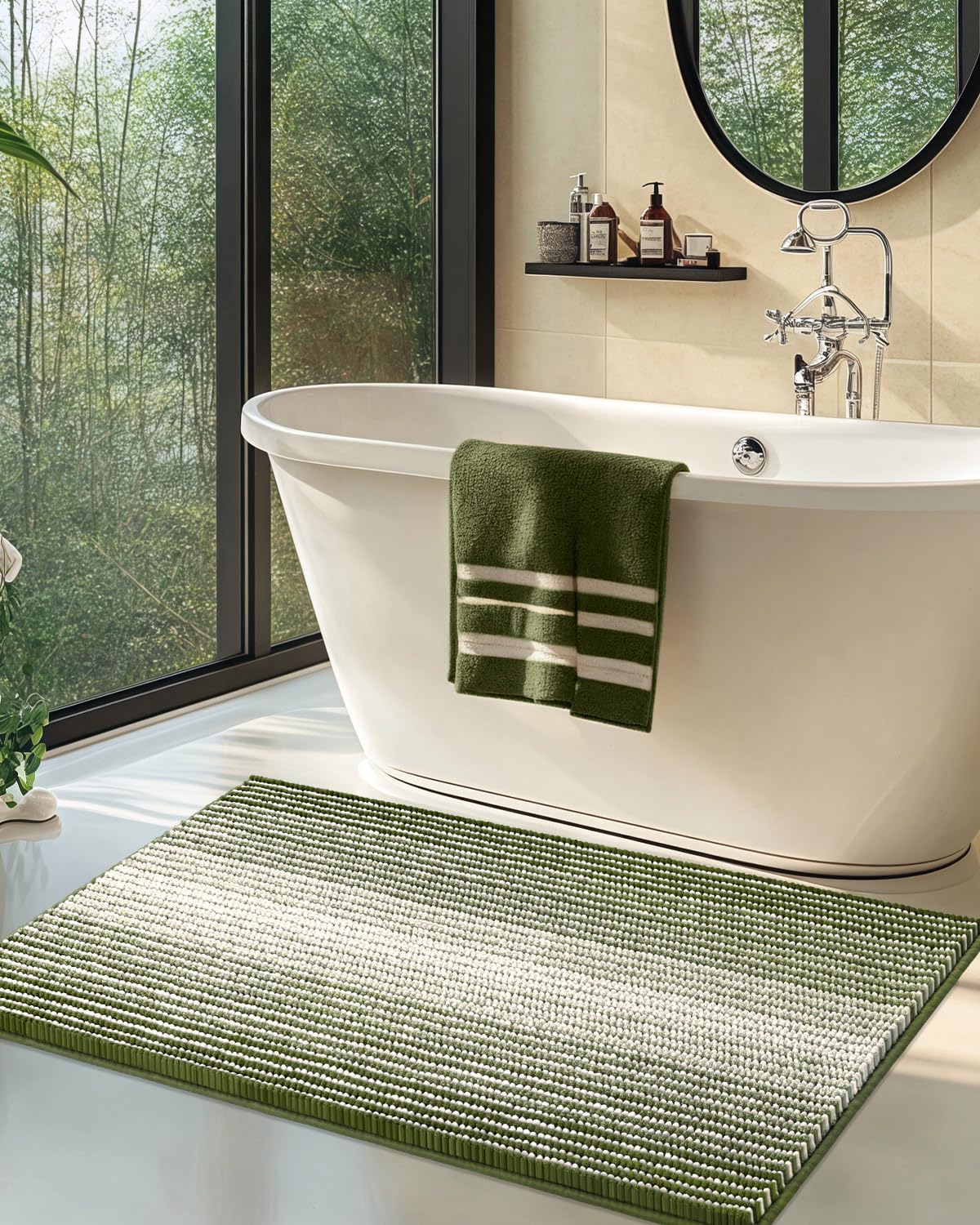 BSICPRO Bathroom Rugs Sets 2 Piece, Non Slip Striped Bath Mats, Sage