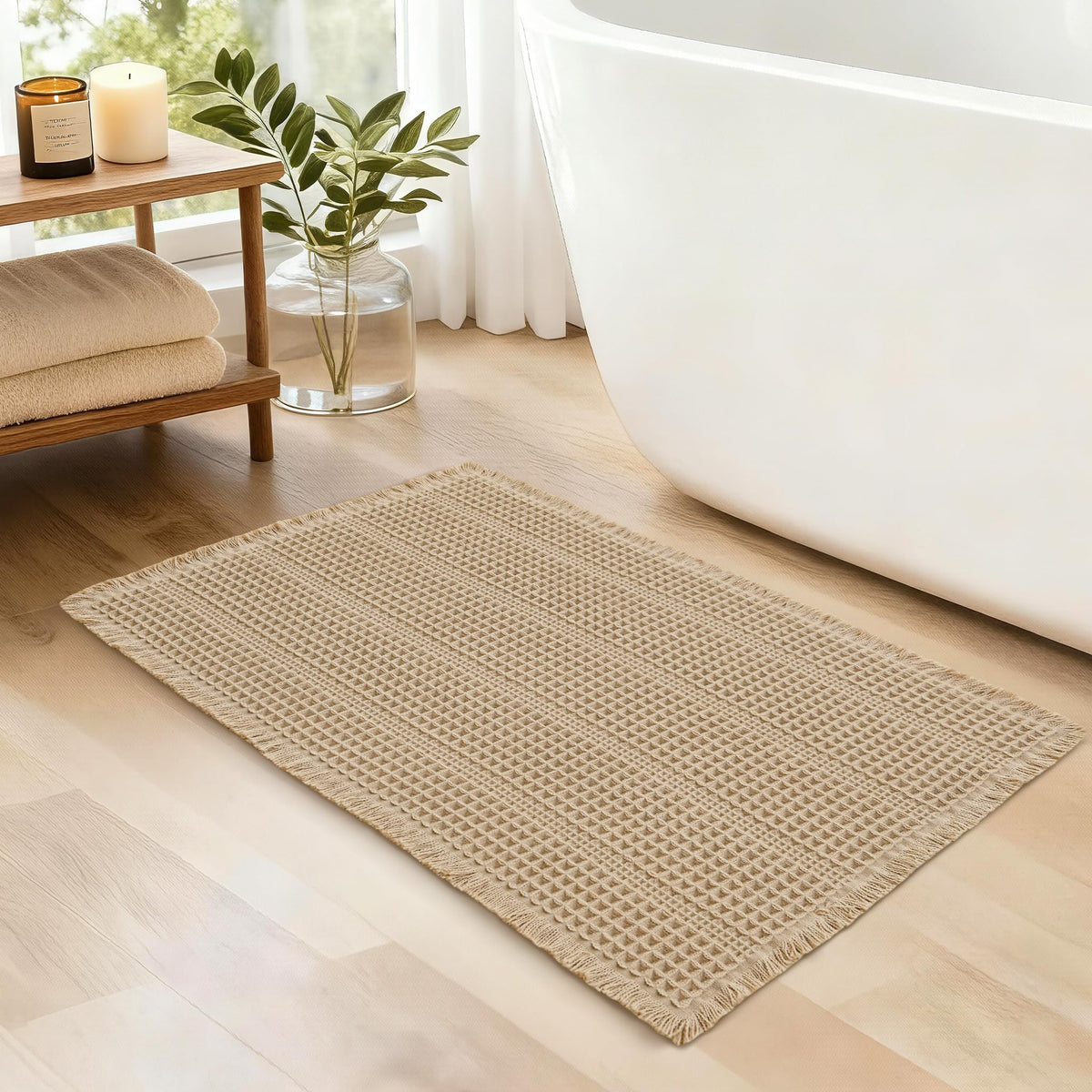 JIUZHEN Set of 2 Waffle Bath Mats Boho Bath Rugs 16"x24"+20"x32", Brown