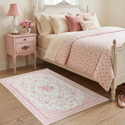 Small Pink Bedside Rug 3x5 for Bedroom, Washable Cute Vintage Floral Area Rug for Vanity Girls Room Entryway Dorm