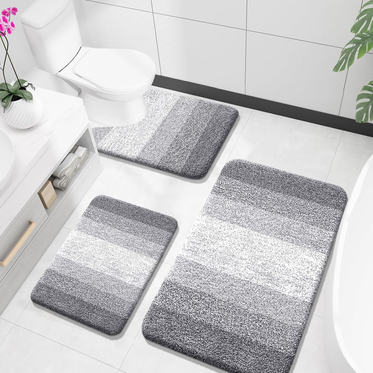 OLANLY Microfiber Bathroom Rugs Sets 3 Piece, Absorbent Bath Mats, Grey