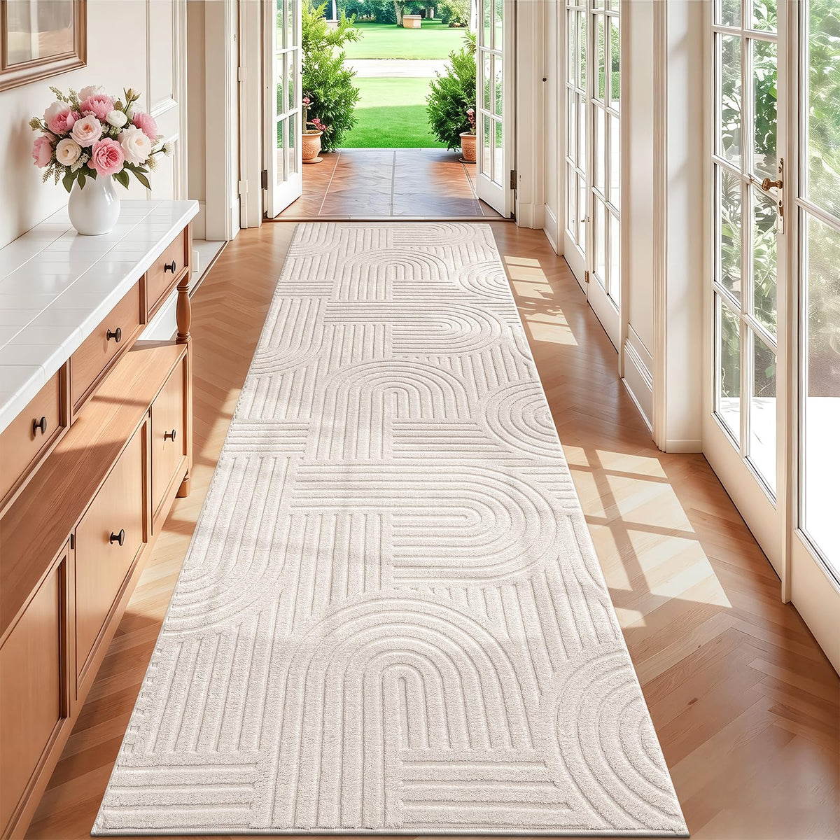 SHACOS Soft Fluffy Arch Pattern Area Rug 2'7"x5' Non Slip Washable Minimalist Modern High-Low Geometric Carpet for Living Room Kitchen Bedroom Bathroom, Beige