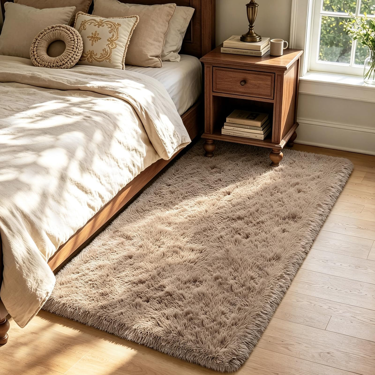 Beige 2x4 Area Rugs for Bedroom, Fluffy Shag Rug Small Rug Bedside Carpet