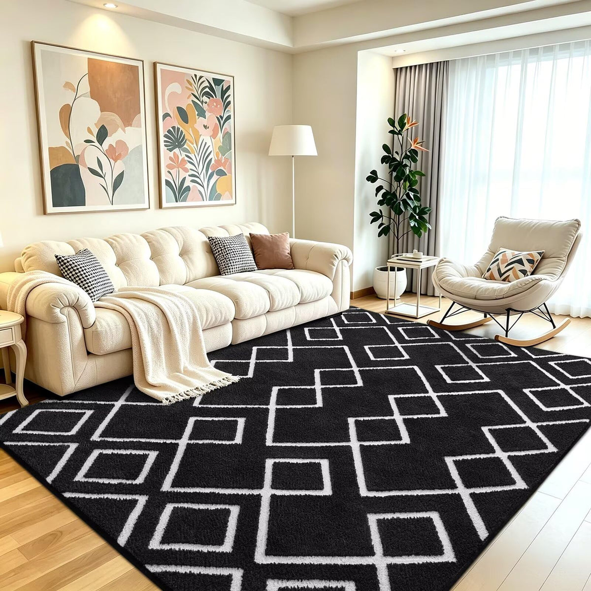 Grey Fluffy Area Rug for Bedroom, 3x5 Geometric Shag Rugs