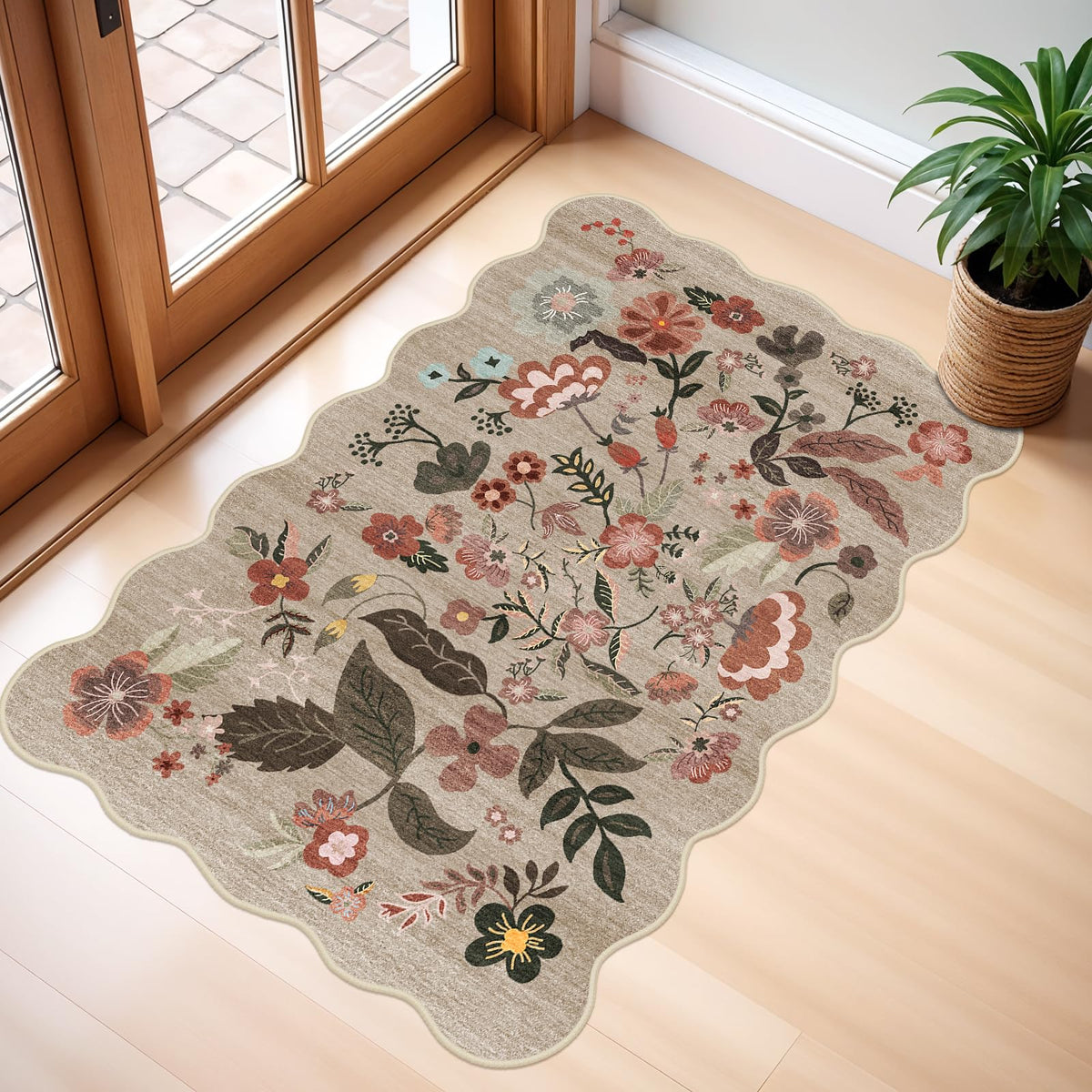 2x4 Rug Washable for Entryway - Non-Slip Scalloped Floral Throw Rug Black