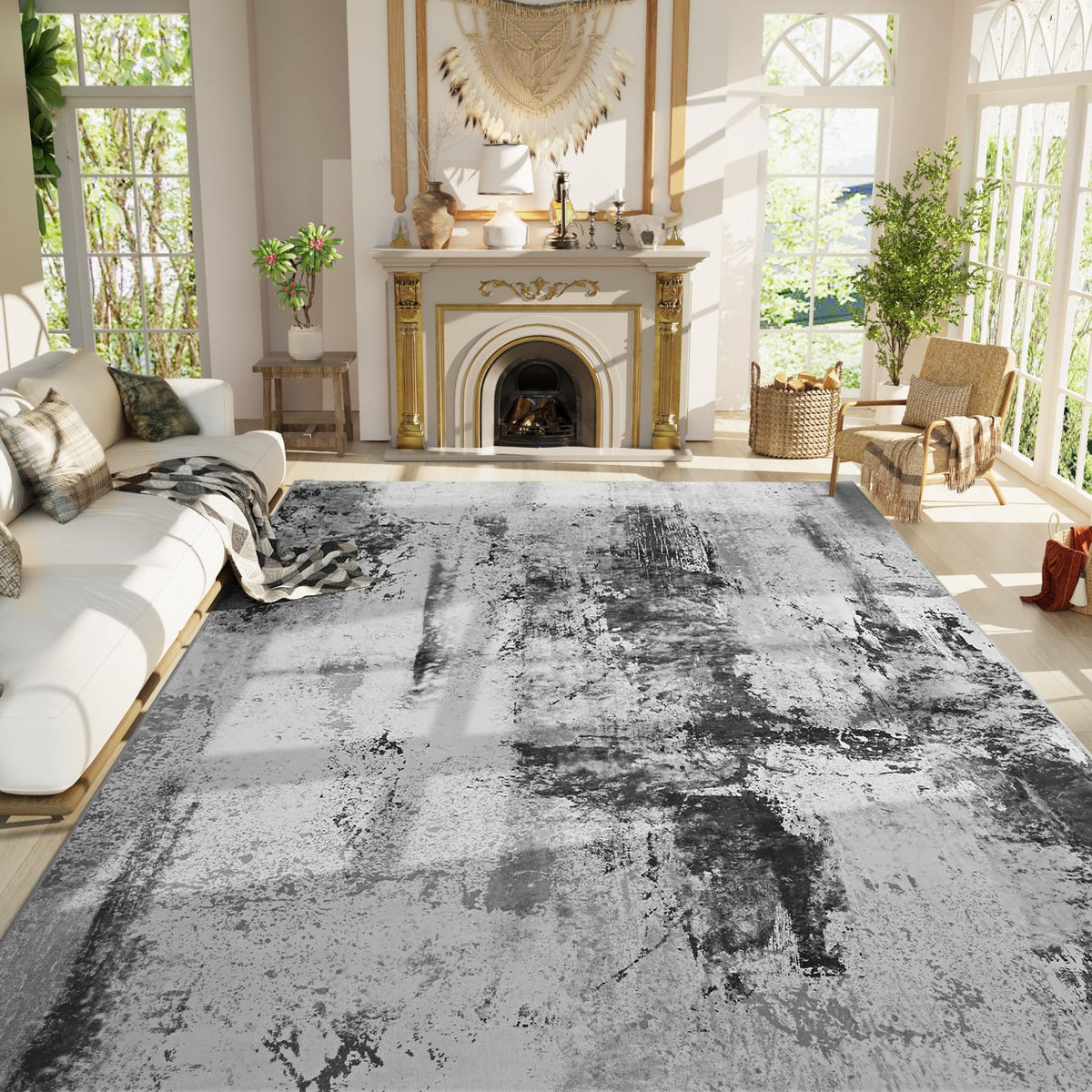 Ompaa 2x6 Rug Runners for Hallways Kitchen Runner Rug Non Slip Washable Grey Long Runner Rugs with Rubber Backing Soft Abstract Carpet Runner for Hallways, Kitchen, Bedroom, Bathroom, Entryway