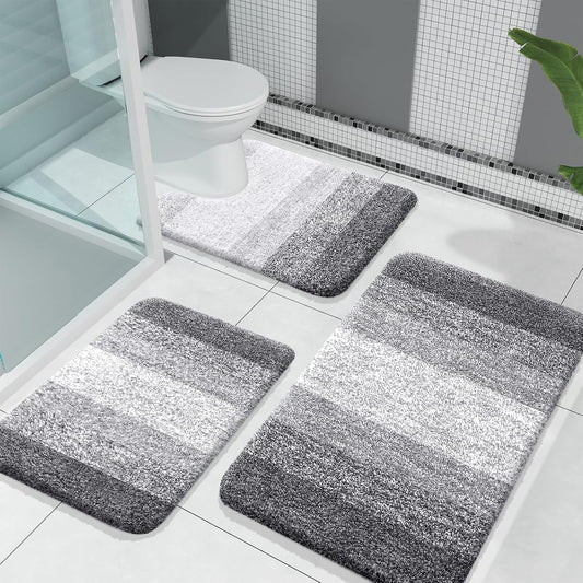 OLANLY Microfiber Bathroom Rugs Sets 3 Piece, Absorbent Bath Mats, Grey