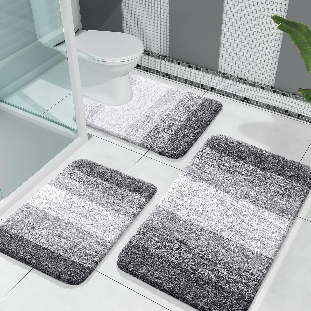 OLANLY Microfiber Bathroom Rugs Sets 3 Piece, Absorbent Bath Mats, Grey